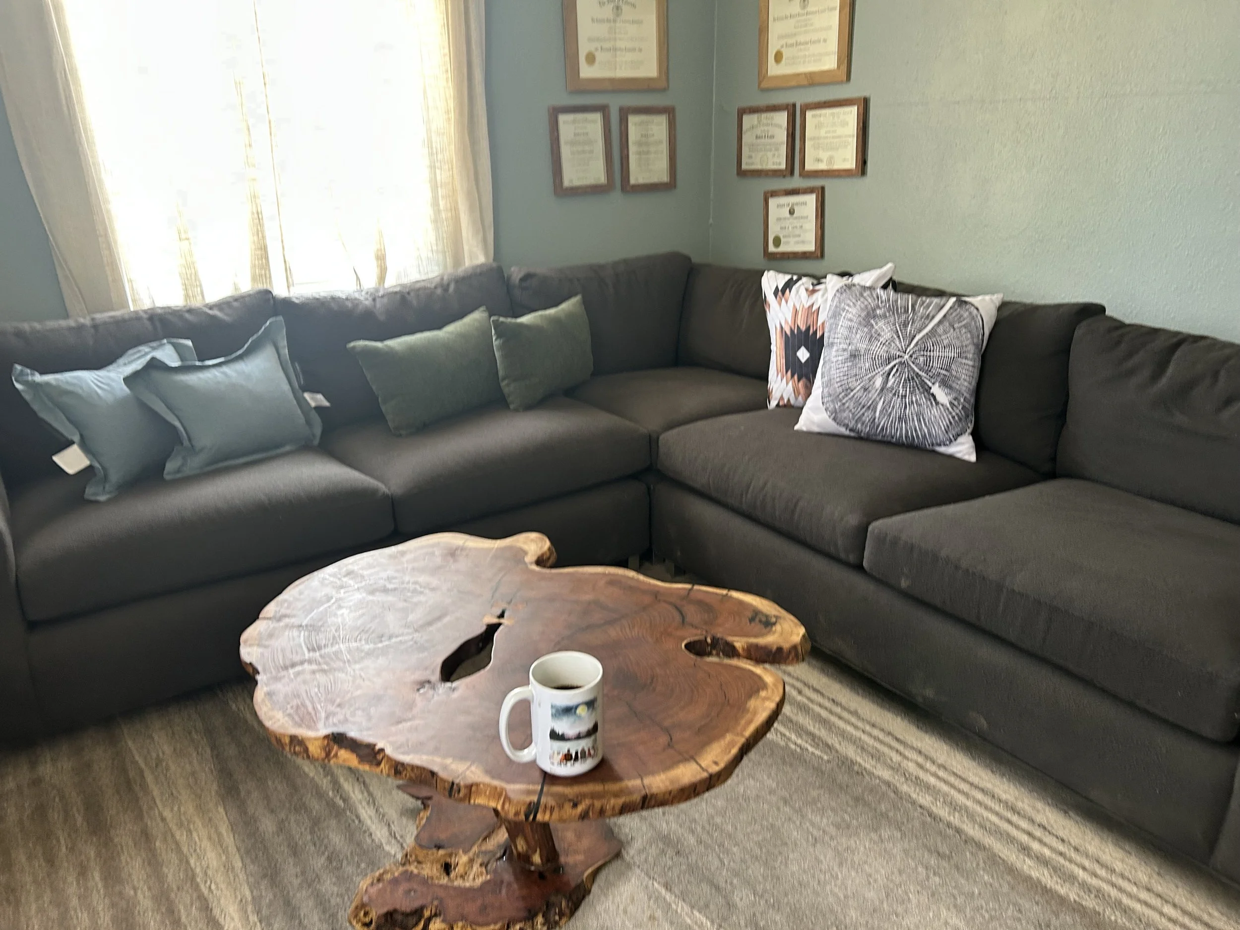 A living room with a dark gray sectional sofa decorated with various colored throw pillows, a wooden coffee table with a natural, uneven shape, and a mug on top. The wall behind the sofa features framed certificates or diplomas, and there's a window 