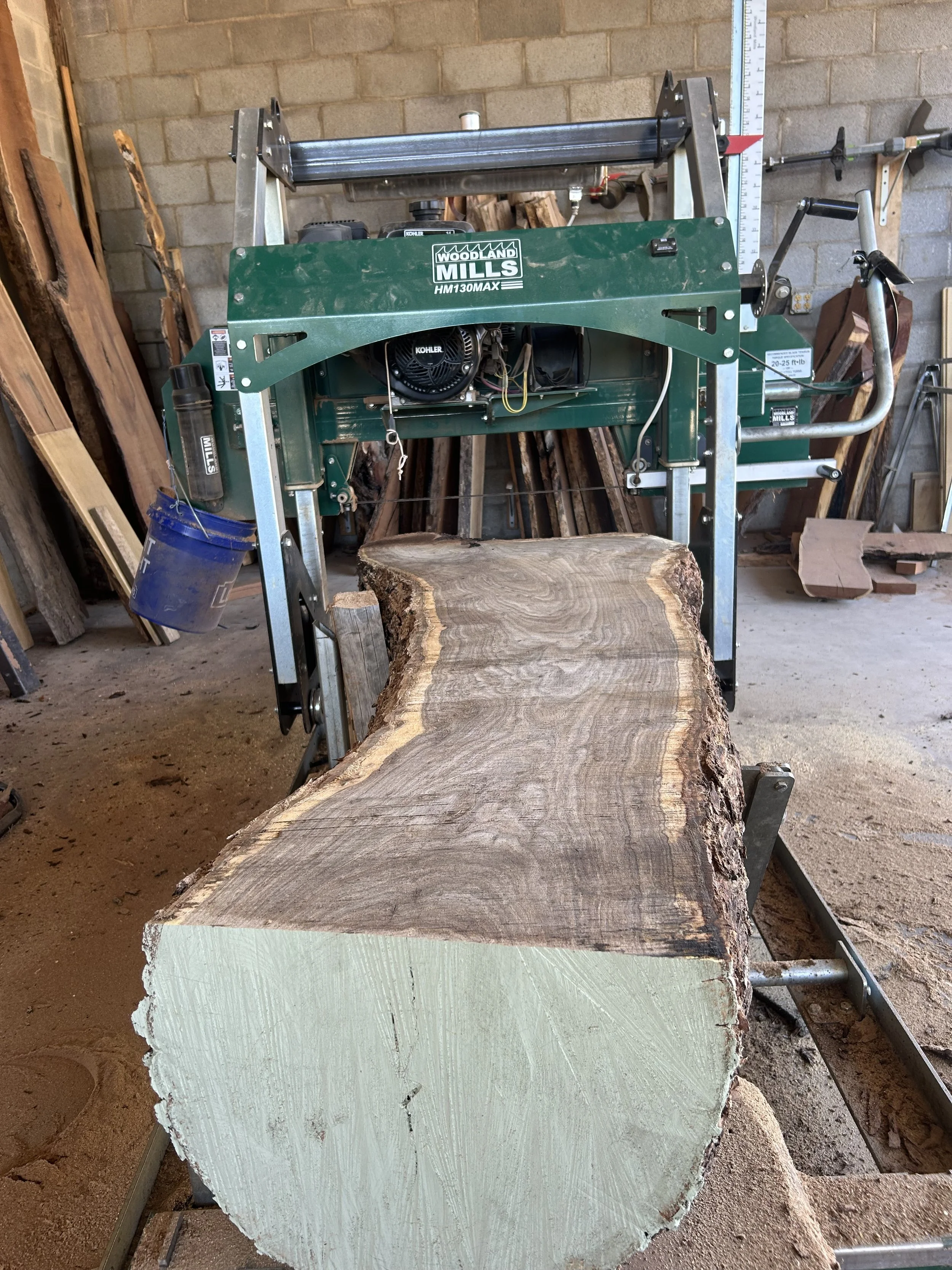 A large thick slab of raw wood with a rough edge and natural grain pattern sits on a worktable in a woodworking shop. Behind it, a green Woodlands Mills HM130MAX sawmill machine is positioned, with a ruler measuring height attached to the wall and va