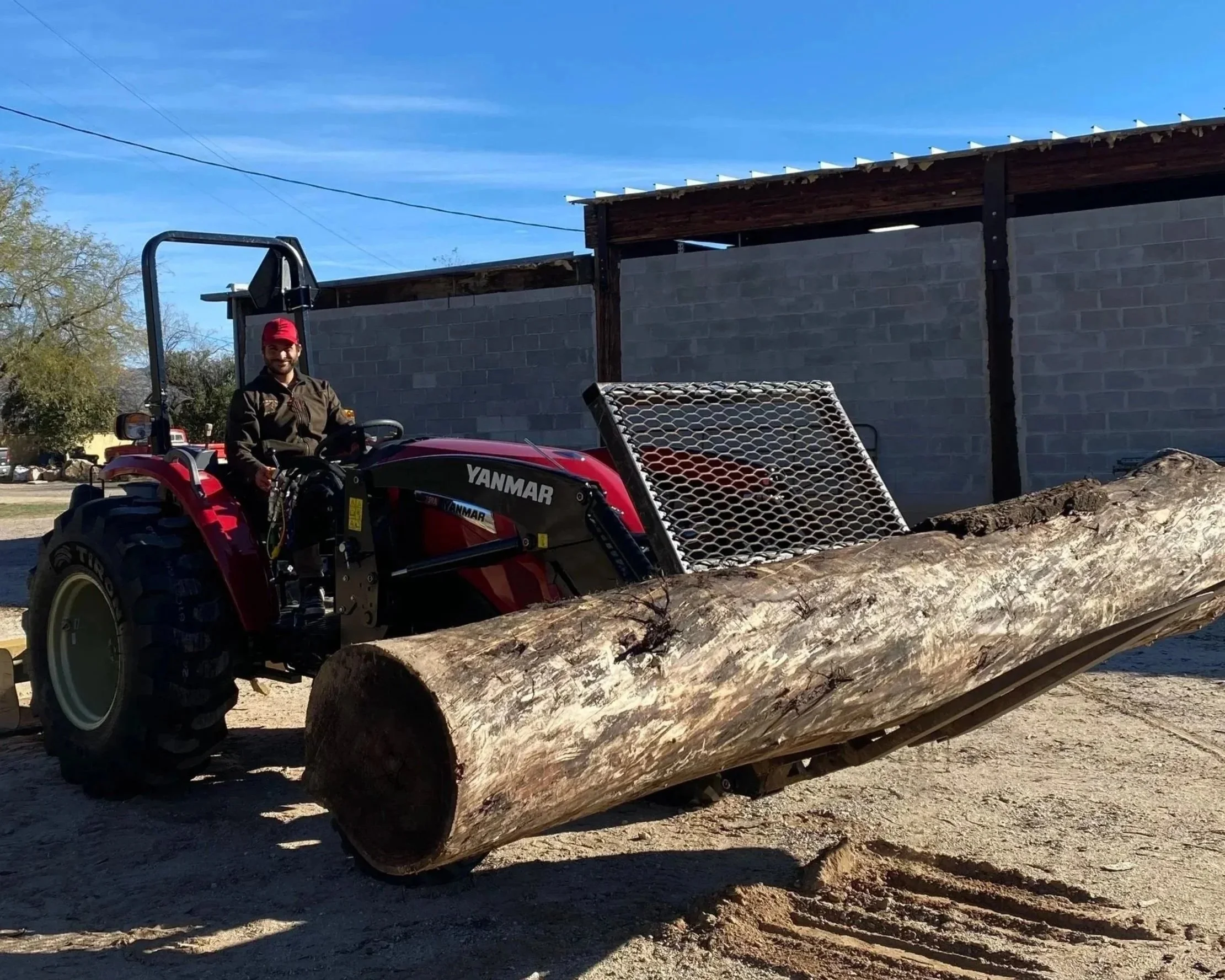 A man on a red Yanmar tractor moving a large fallen log outdoors. The background shows a building with a gray brick wall and a blue sky. Wood working and sawmilling