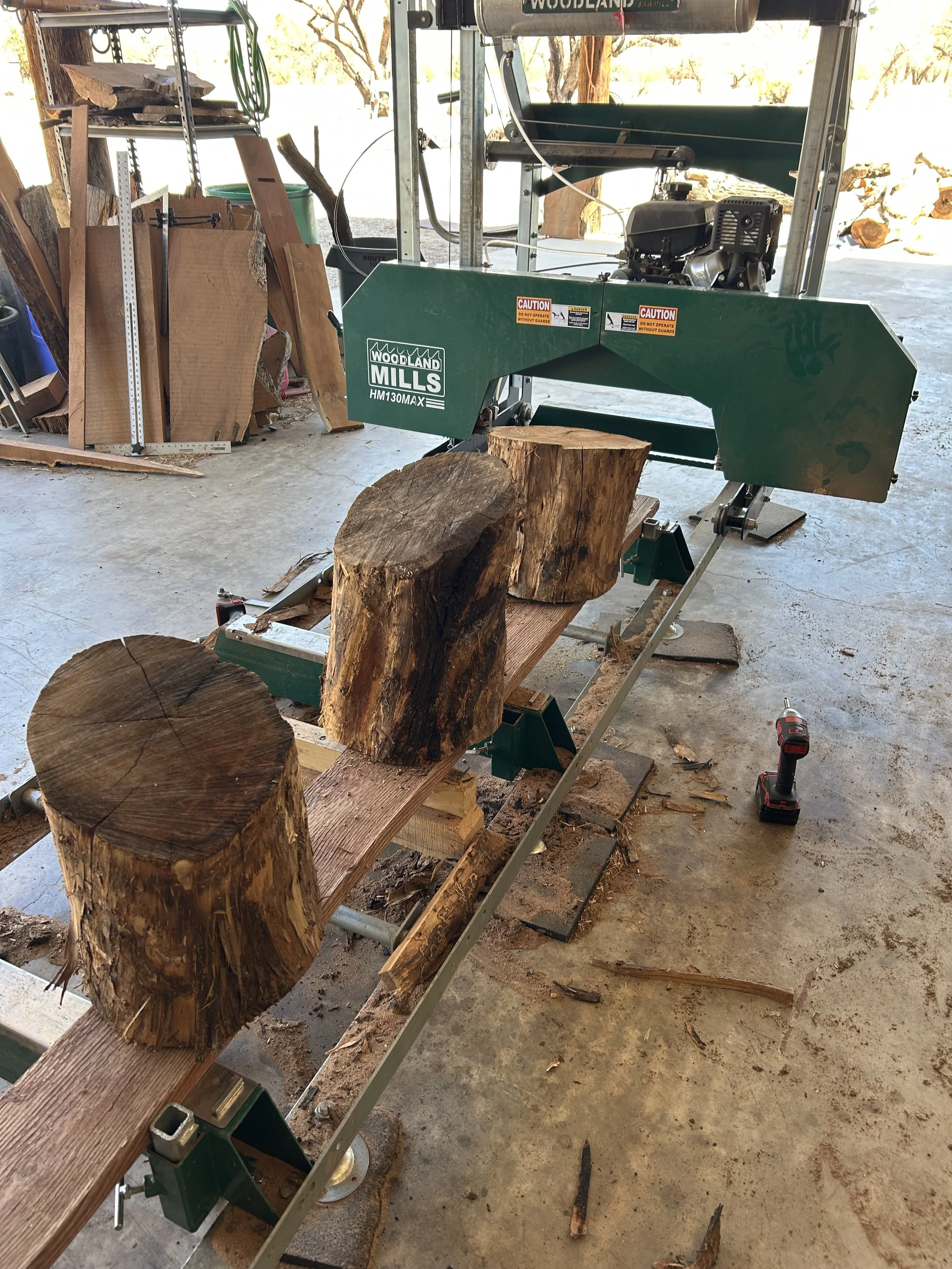 A wood-processing workshop showing a log on a conveyor belt, a wood saw machine labeled "Woodland Mills," and scattered wood pieces and sawdust on the concrete floor.