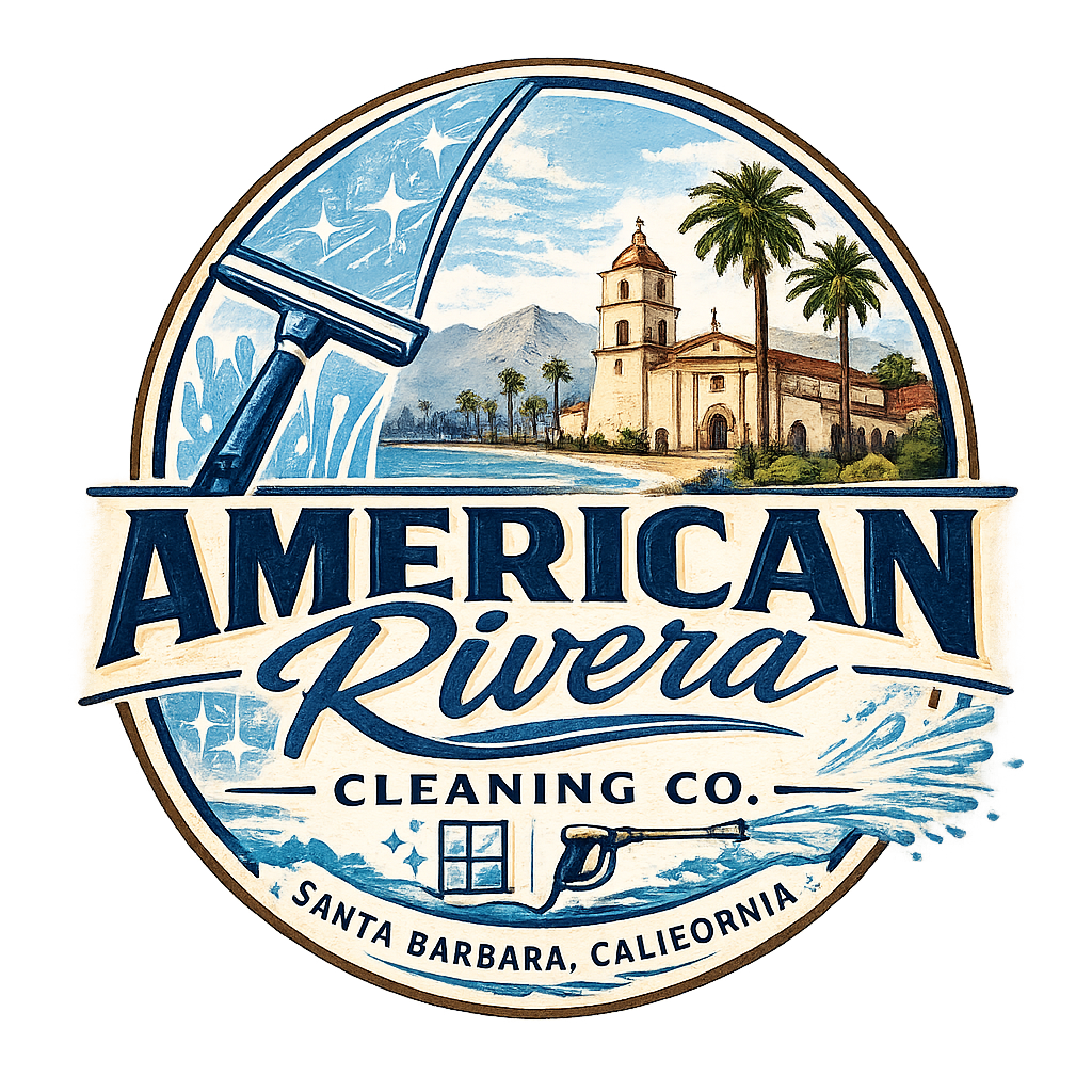 Logo for American Rivera Cleaning Co. featuring a scenic illustration of a church, palm trees, water, and mountains with a pressure washer spraying water, and text indicating location in Santa Barbara, California.