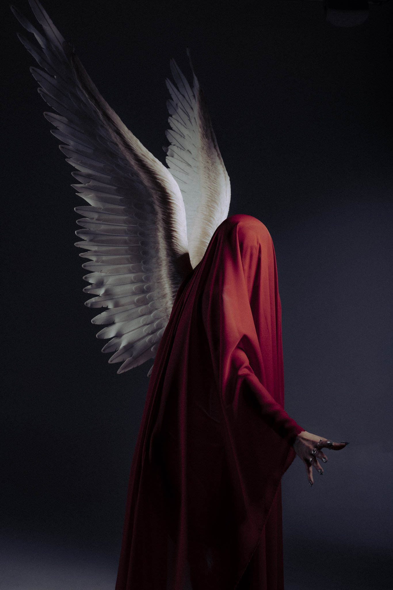 A person is dressed in a deep red, flowing gown with black gloves and jewelry, with one arm outstretched, seen from the back with a large birdlike wing extending from their back, against a dark background.