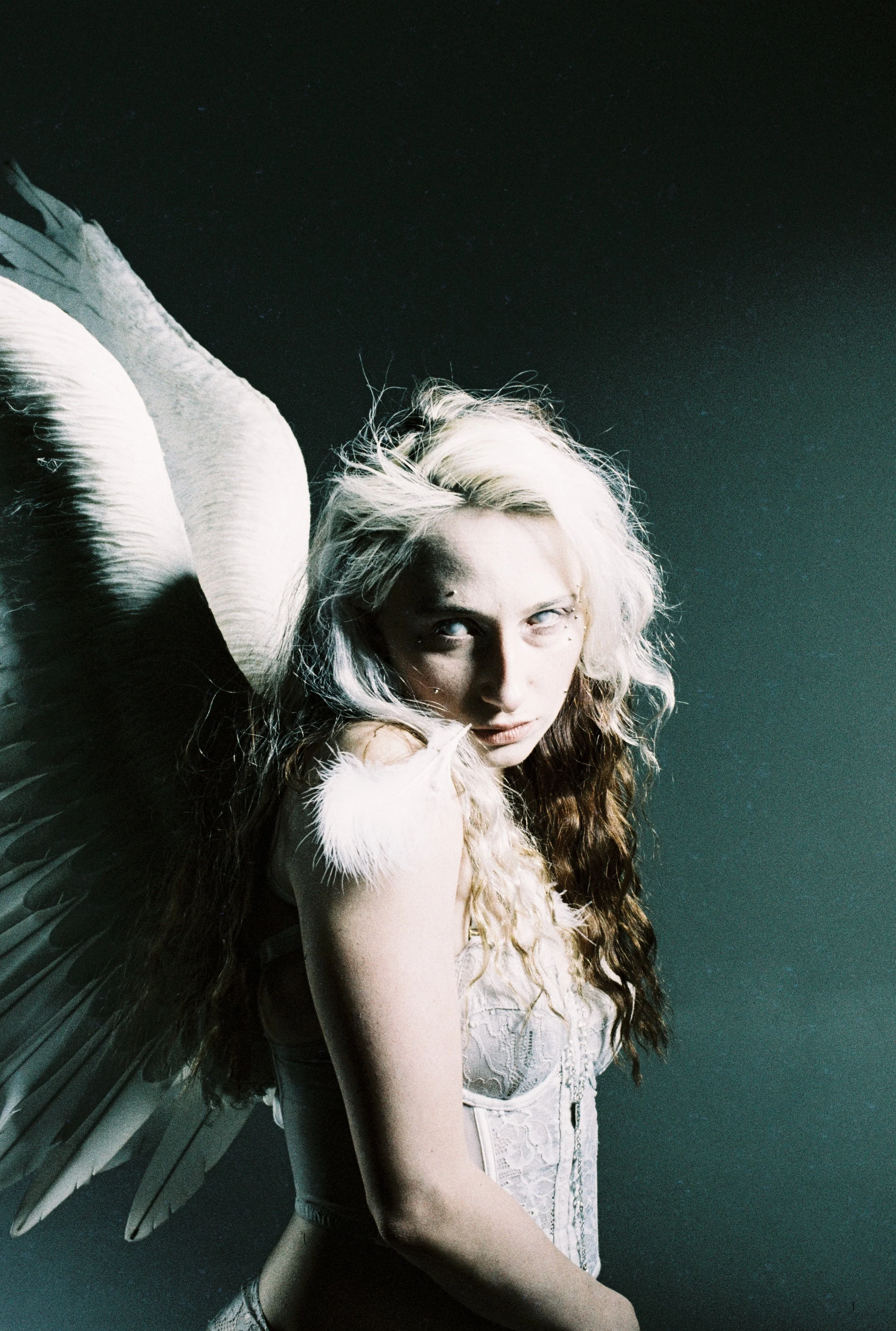 A woman with long, wavy blonde hair and fair skin wearing a white lace top, posed with her head tilted and looking at the camera, with angel wings attached to her back, set against a dark background.