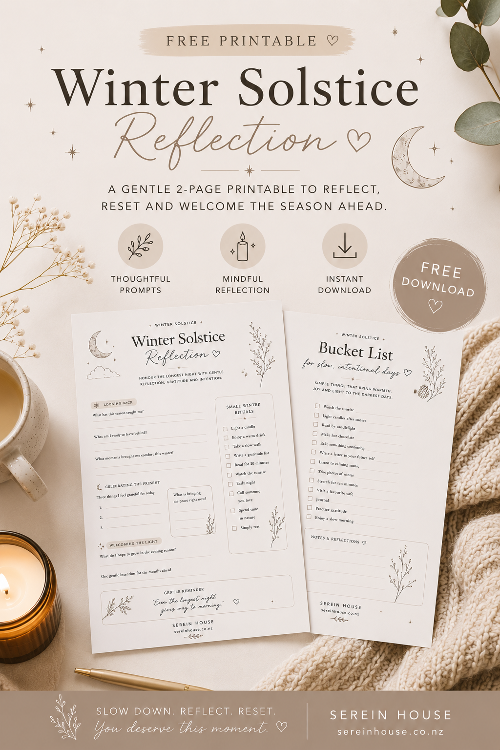 Minimalist Winter Solstice Reflection printable promoting a free seasonal journal and bucket list for mindful living and self-care.