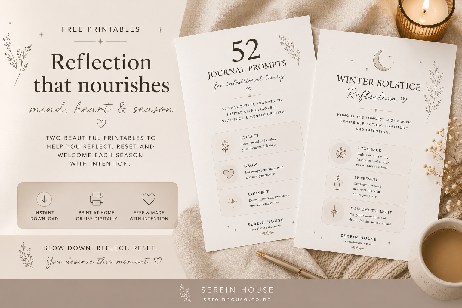 Free printable collection featuring 52 Journal Prompts and Winter Solstice Reflection worksheets for journaling and intentional living.