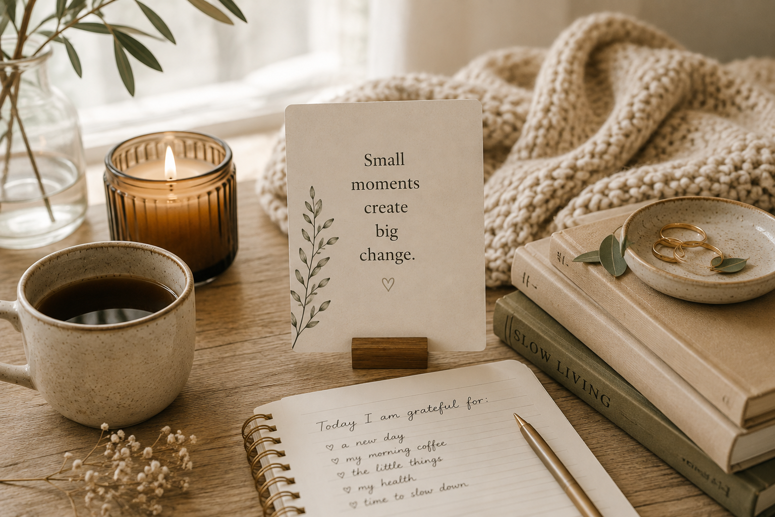 Cozy slow living scene featuring a cup of coffee, lit candle, gratitude journal, books, knitted blanket, and a botanical reminder card reading "Small moments create big change."