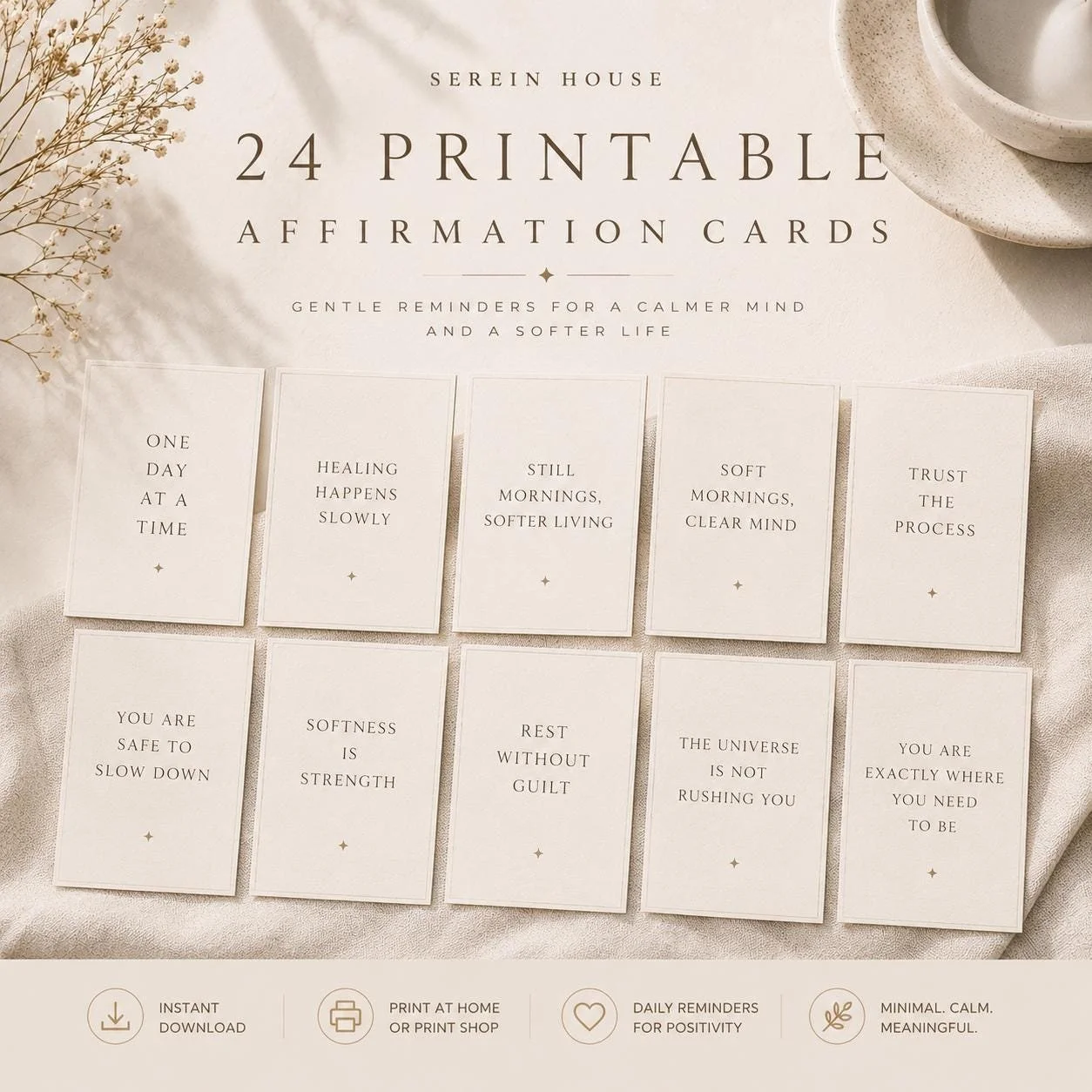 24 Minimalist Affirmation Cards: Self-Love, Mindfulness, Motivation (Digital Download)