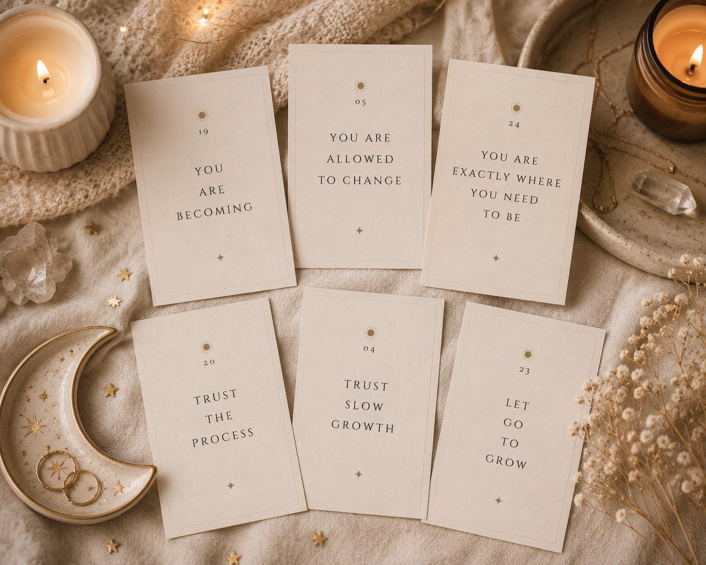 Flat lay of affirmation cards featuring positive messages
