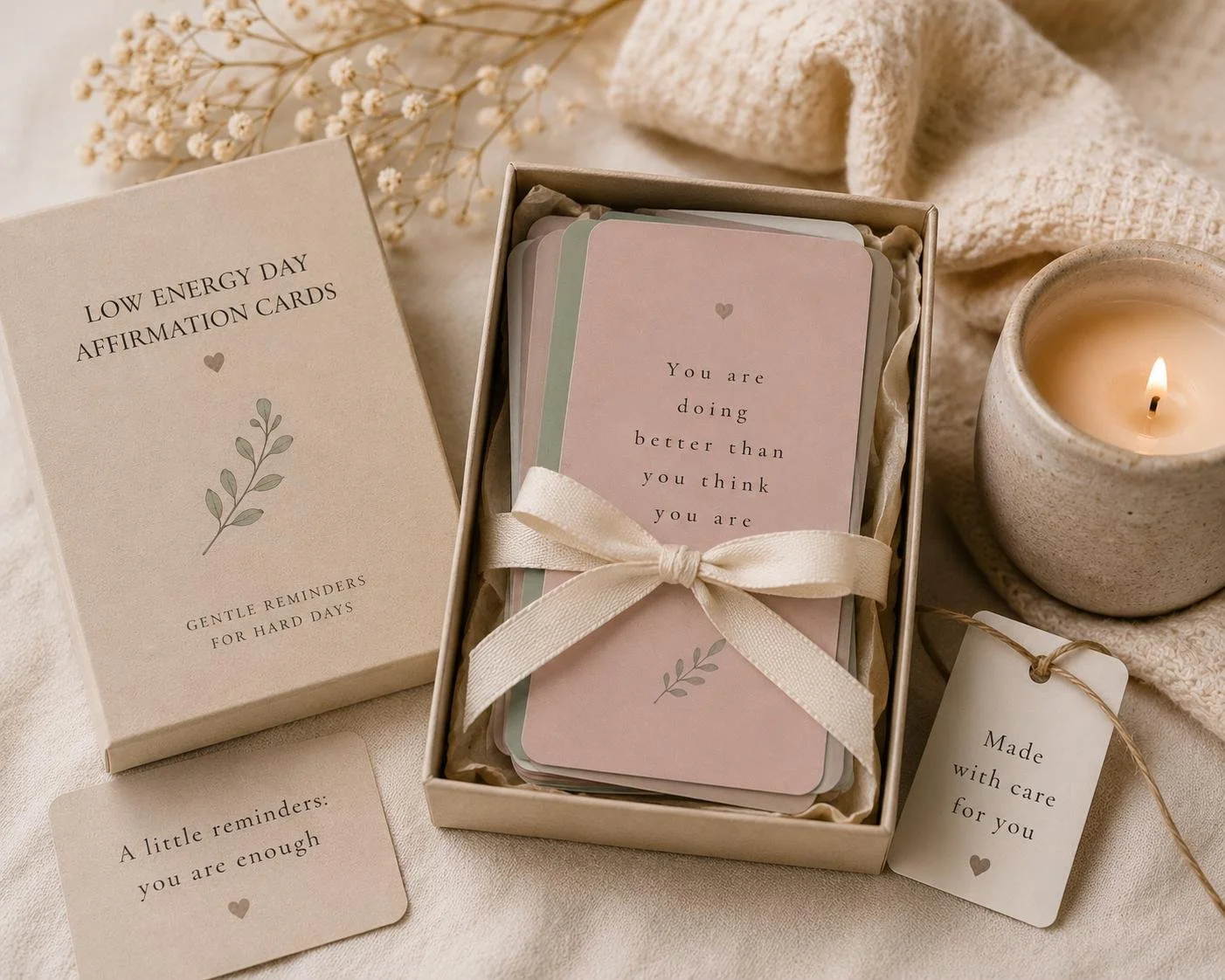 Printable affirmation card gift set featuring minimalist positive affirmation cards with a pink card on top.