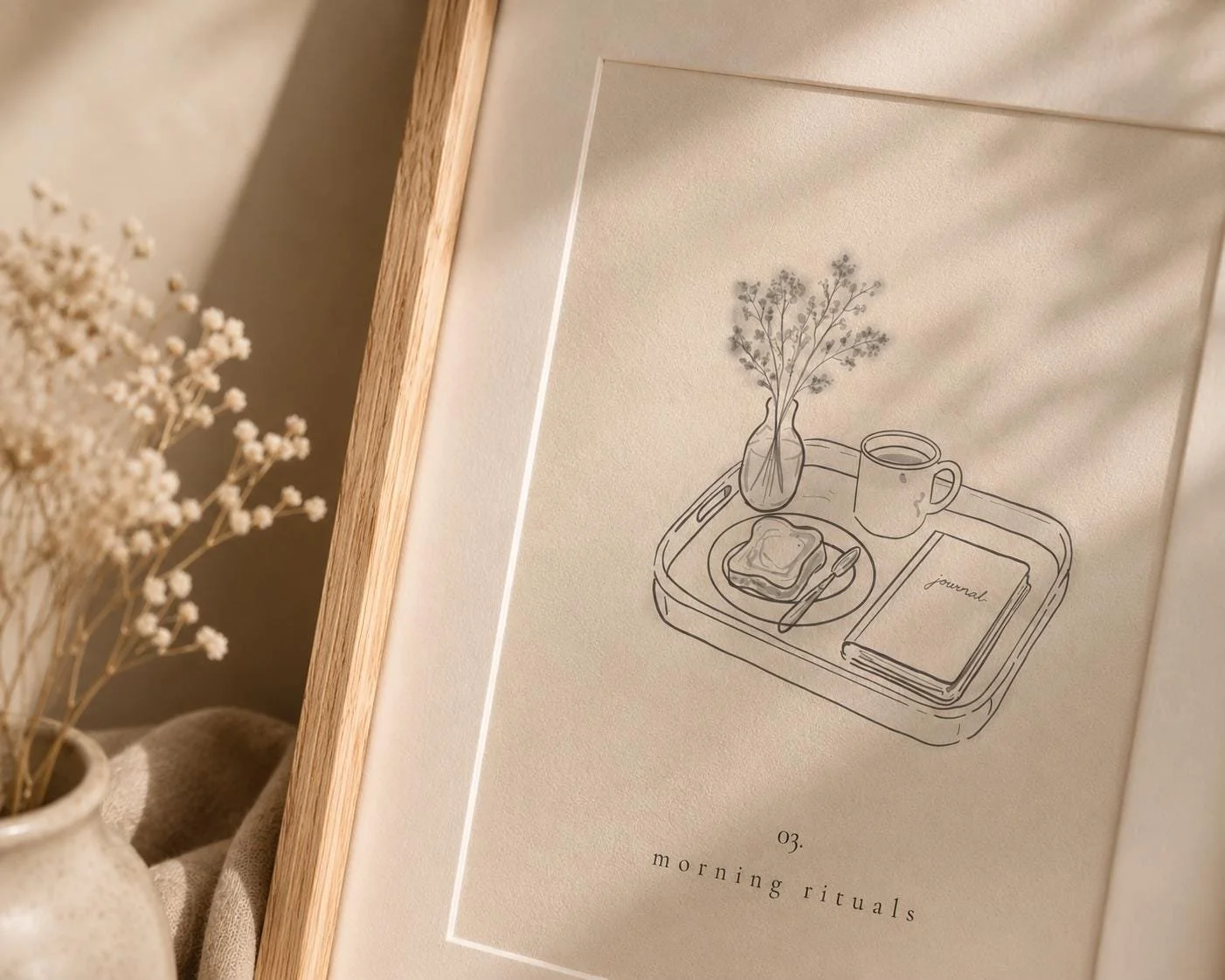 Line drawing of a breakfast tray with a vase of flowers, a mug, a plate with toast and a butter knife, and a journal, with a plant flower arrangement to the left.