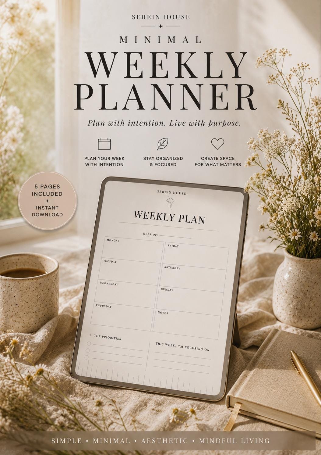 Minimal Weekly Planner | Productivity, Self Care, Intentional Living (PDF Download)