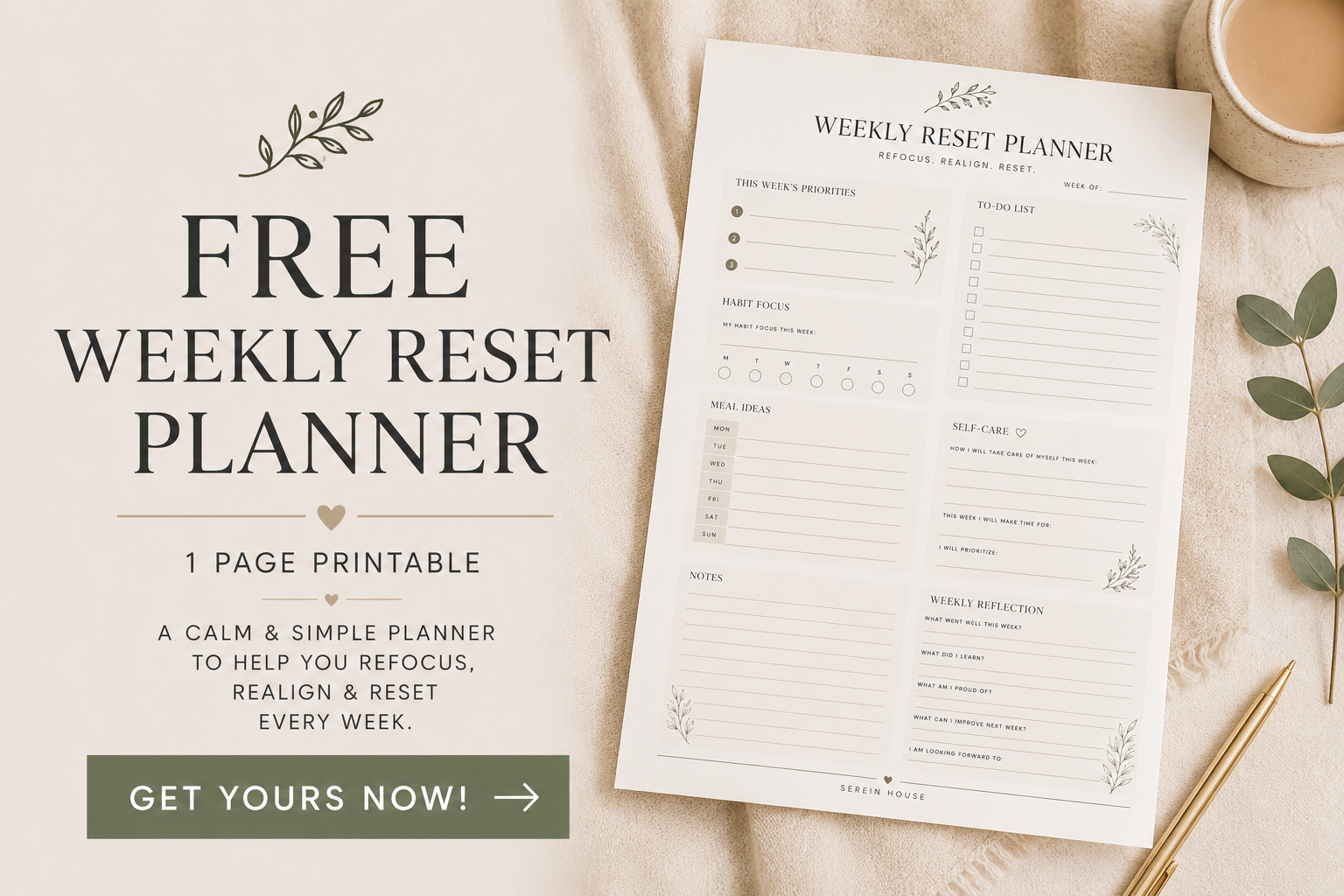 Minimalist graphic promoting a free Weekly Reset Planner with sections for priorities, habits, meals, self-care, notes, and weekly reflection.