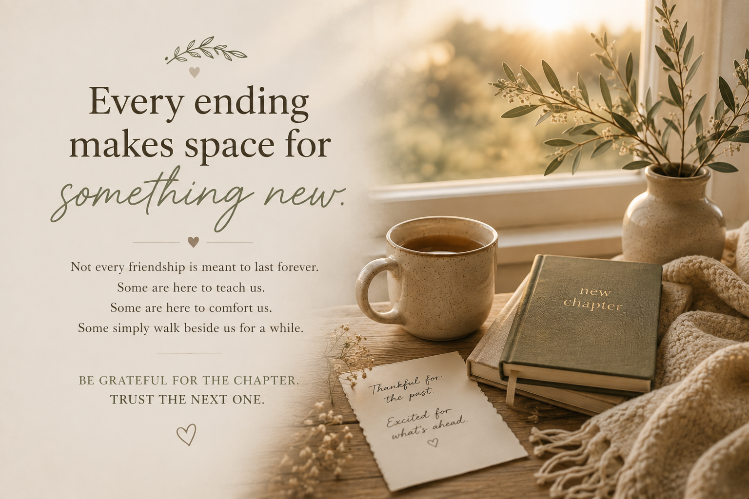 Cozy slow living scene featuring a warm cup of tea, books, candle, knitted blanket, and a journal beside the message "Every ending makes space for something new."