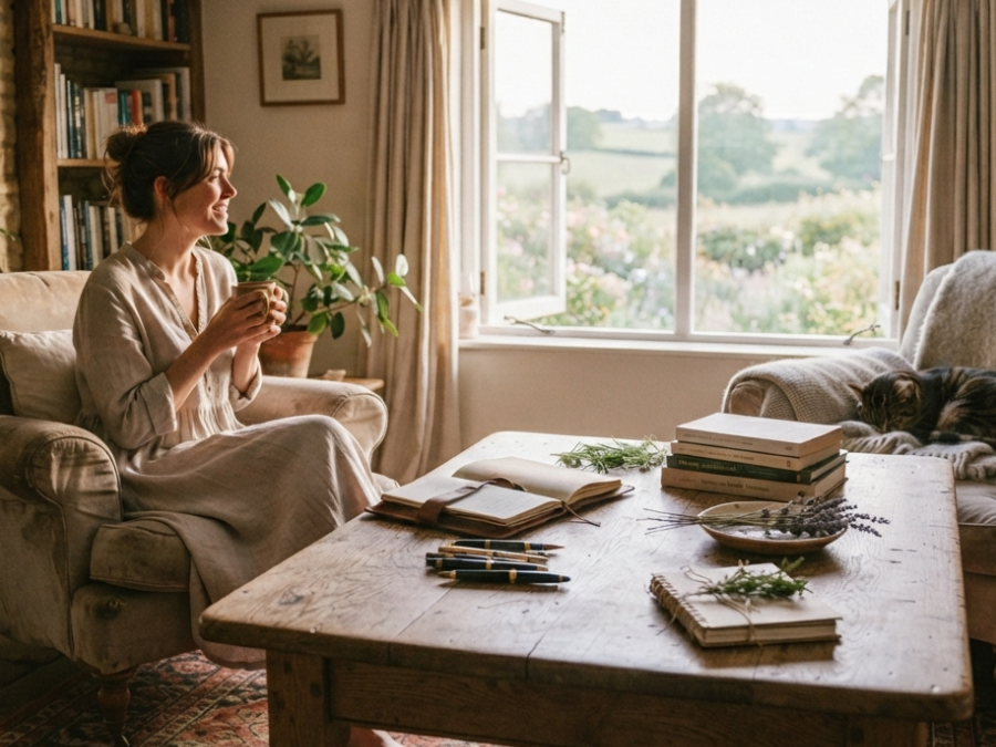 A woman sitting on a beige sofa in a living room, holding a potted plant, with a window showing greenery outside, a stack of books, and a sleeping cat on a nearby chair.