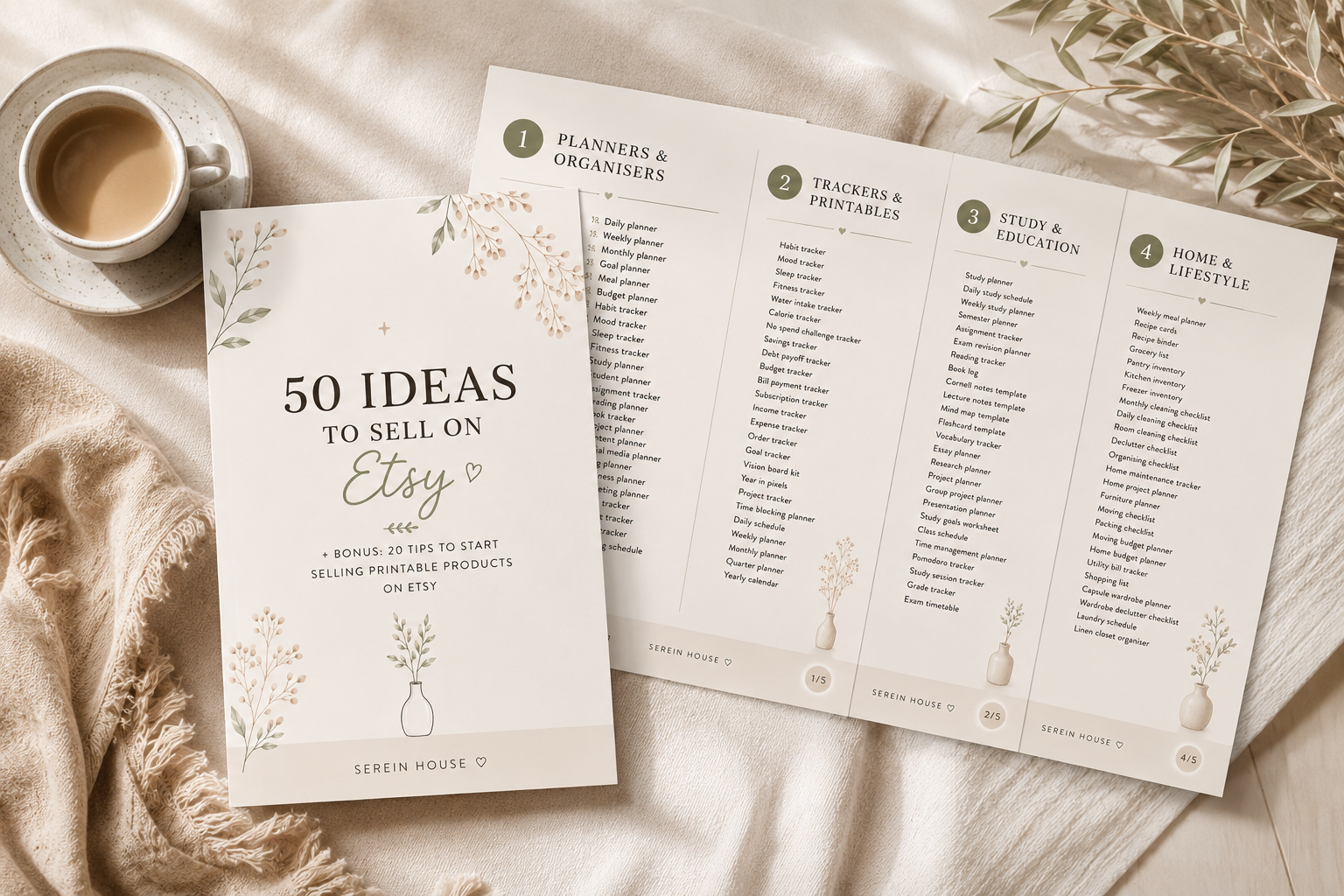 Five-page Etsy business printable guide fanned out on a neutral linen background with coffee and botanical styling.