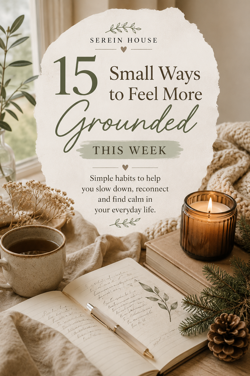 Cozy slow living blog header featuring a cup of tea, lit candle, knitted blanket, books, journal, and botanical elements alongside the title "15 Small Ways to Feel More Grounded This Week."