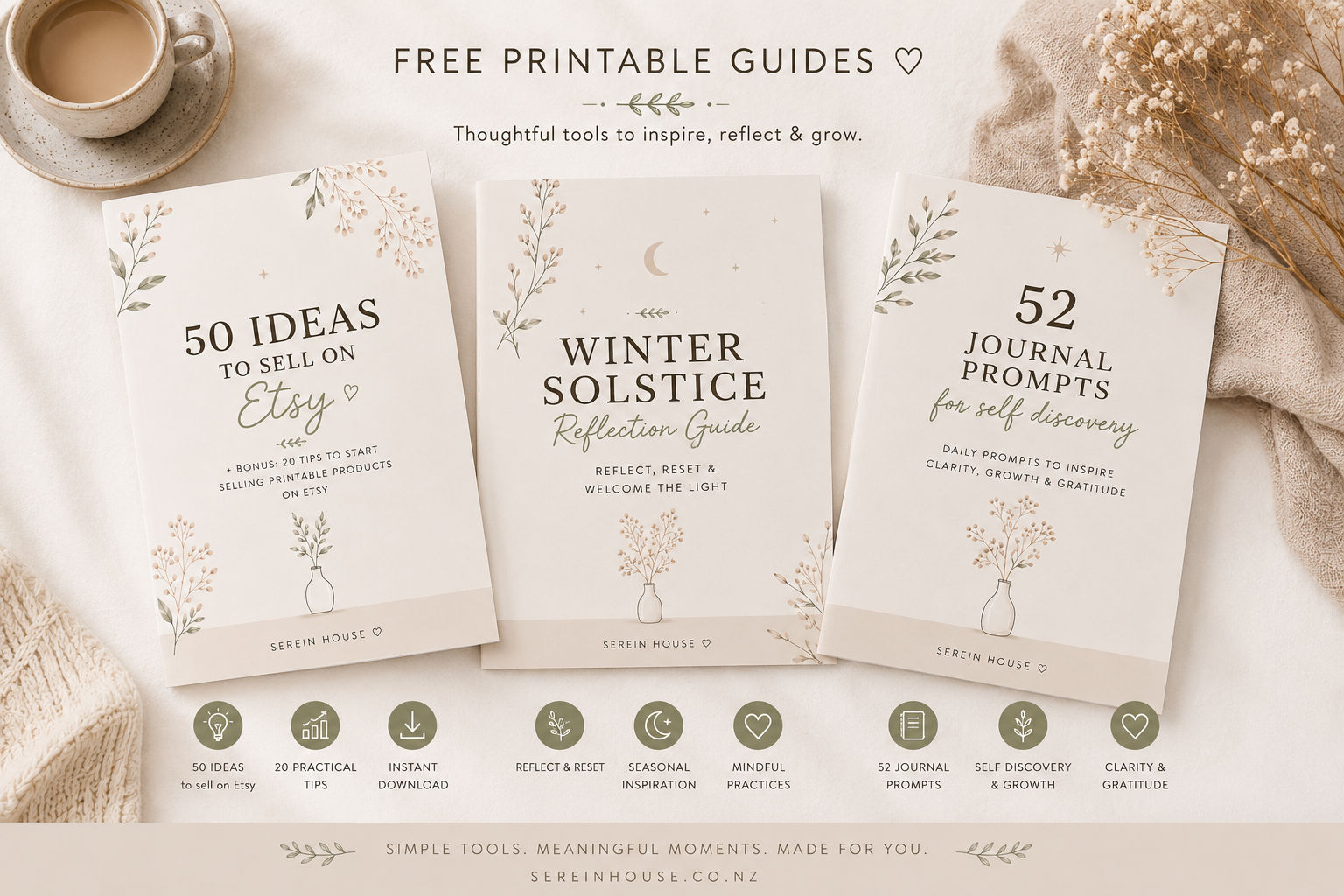 Collection of free printable guides from Serein House featuring 50 Ideas to Sell on Etsy, Winter Solstice Reflection, and 52 Journal Prompts on a cozy neutral background.