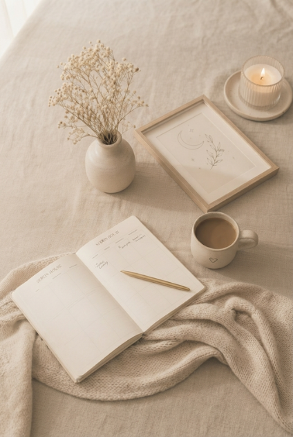 A cozy table setting with a white vase of dried flowers, a lit candle in a glass holder, a cup of coffee, an open notebook with a gold pen, and a framed botanical illustration on a beige tablecloth.