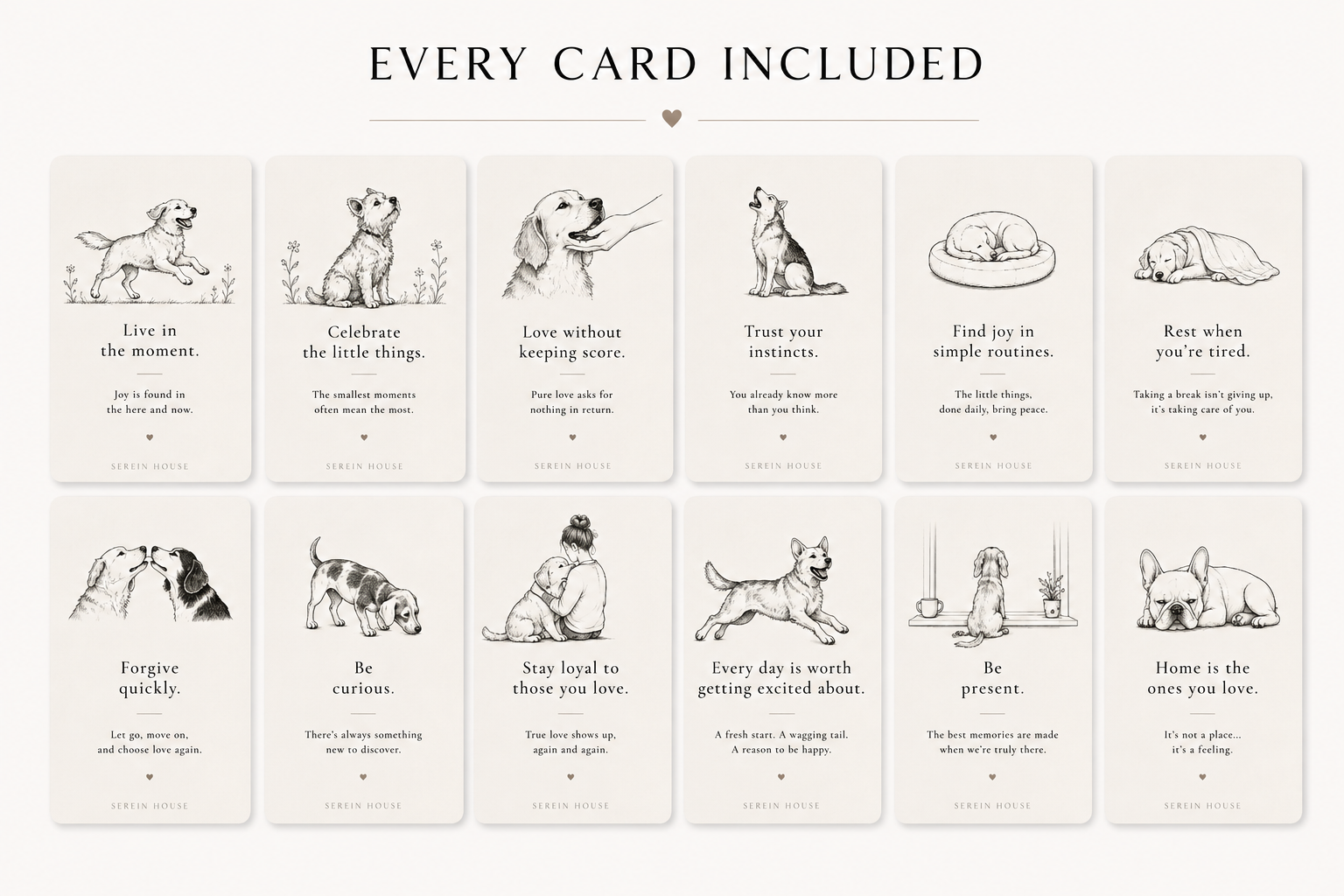 Complete collection of 12 printable Life Lessons from Dogs encouragement cards displayed in a clean grid.