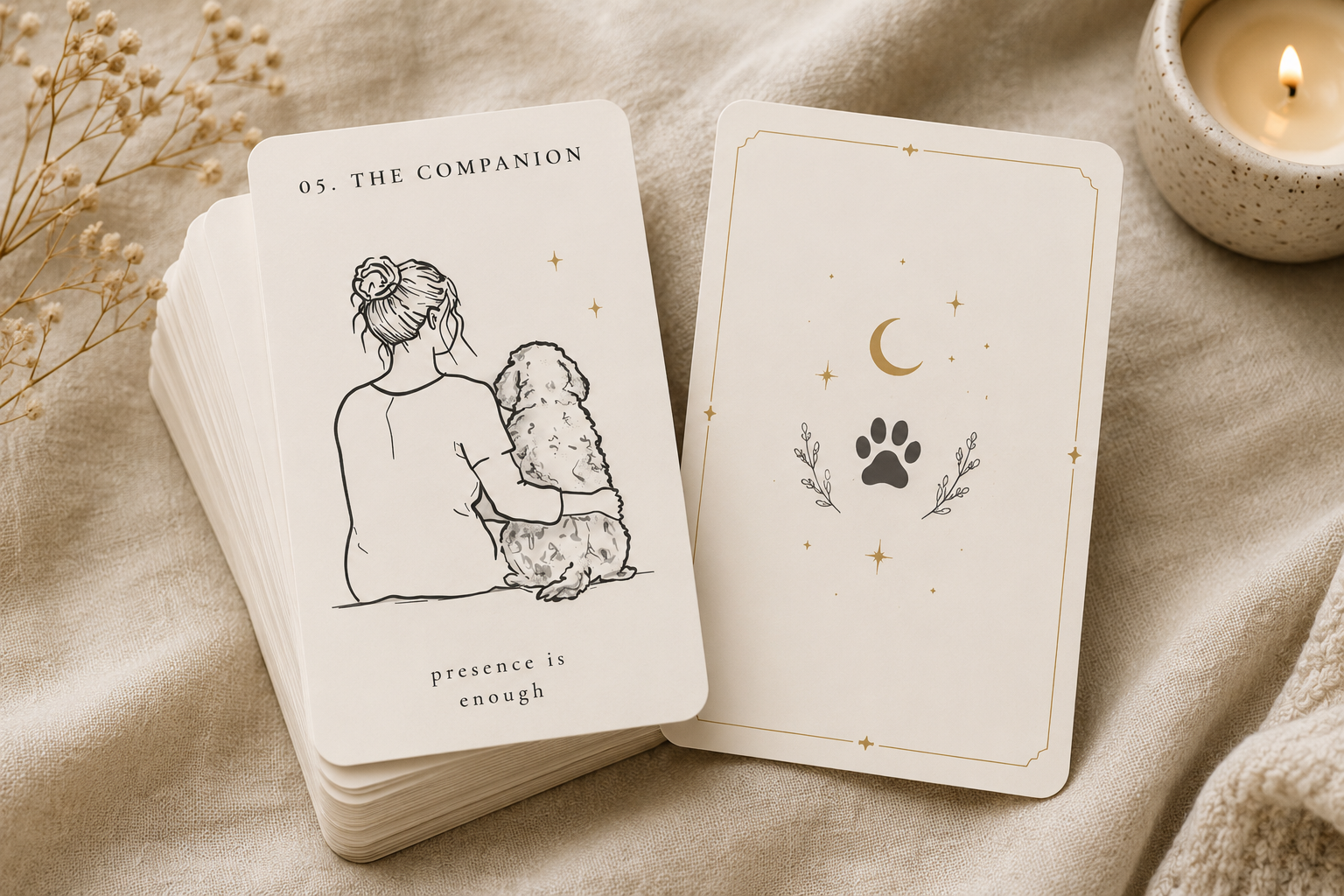 An image of a dog oracle card named the companion, shows a line drawing of the back of a human and a dog sitting together with minimal celestial accents.