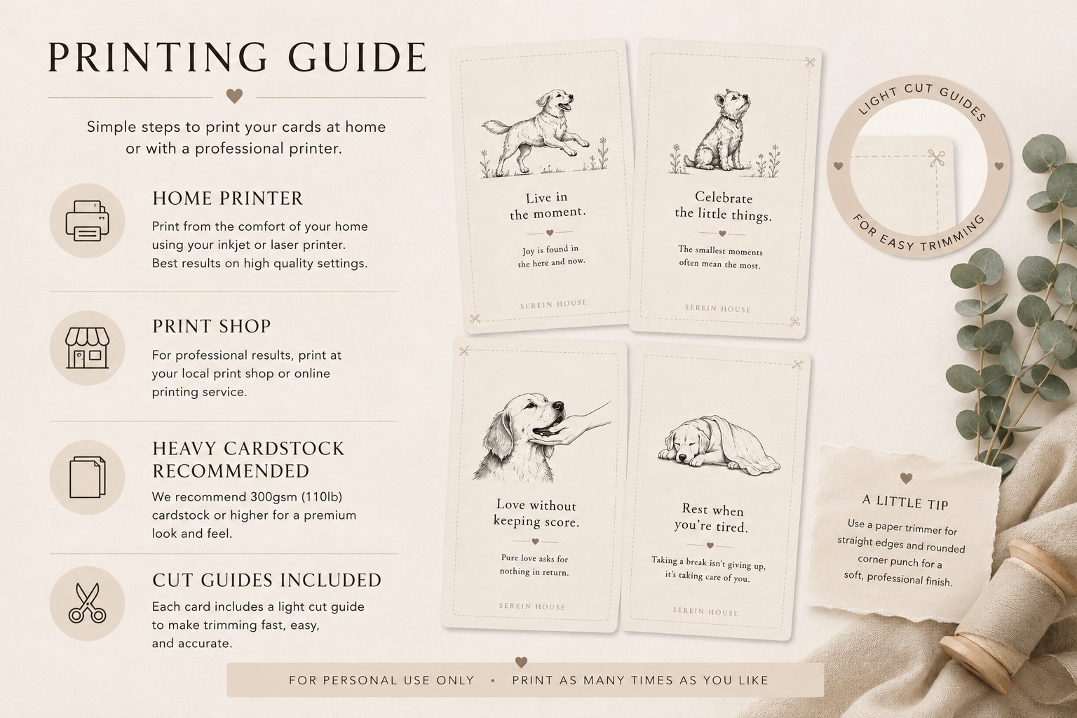 Printing guide showing home printing, print shop compatibility, cardstock recommendations and cut guides.