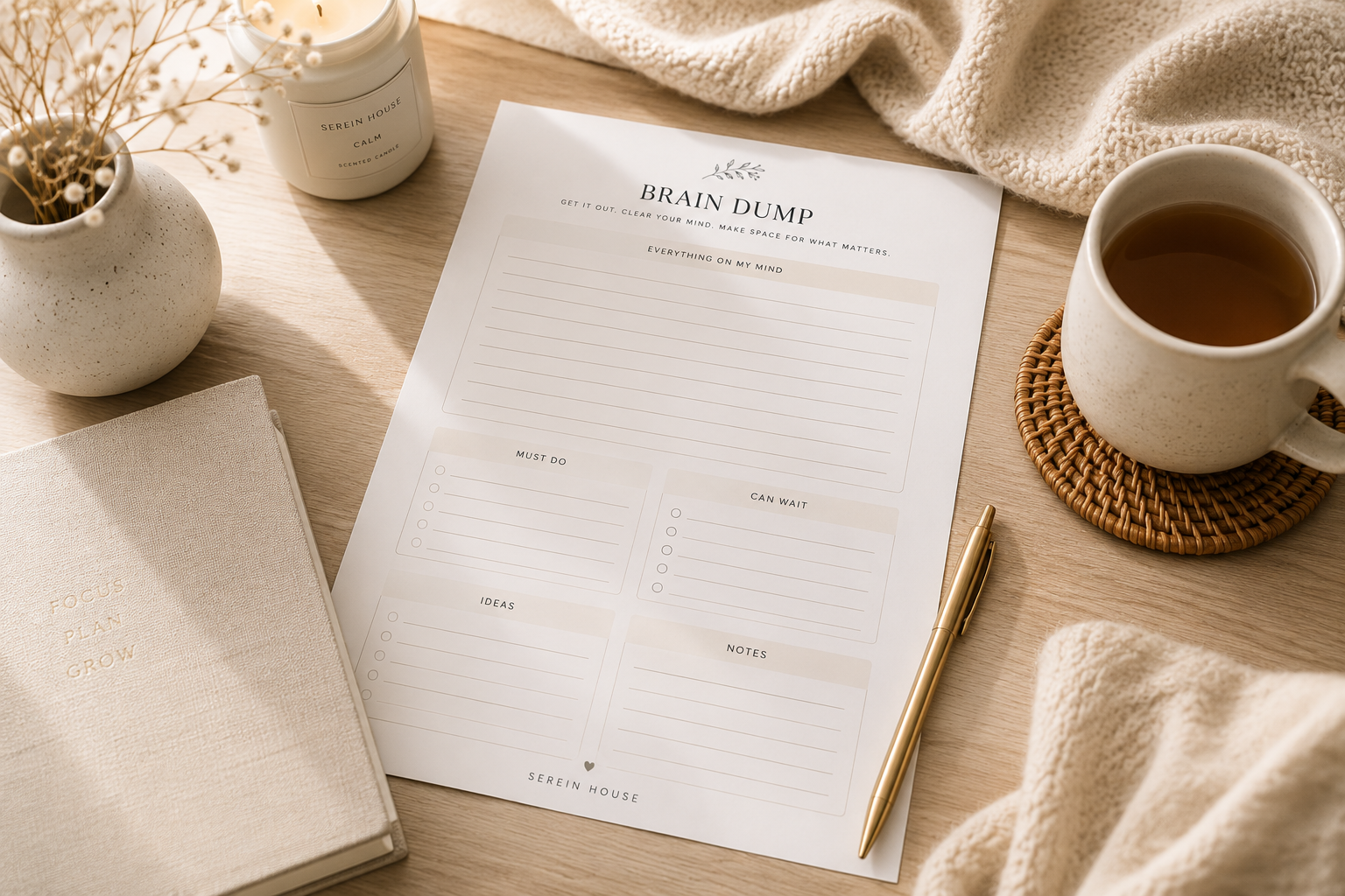 Minimalist Brain Dump worksheet on a neutral desk with a cup of tea, gold pen, notebook, candle, and dried botanicals in a cozy workspace.