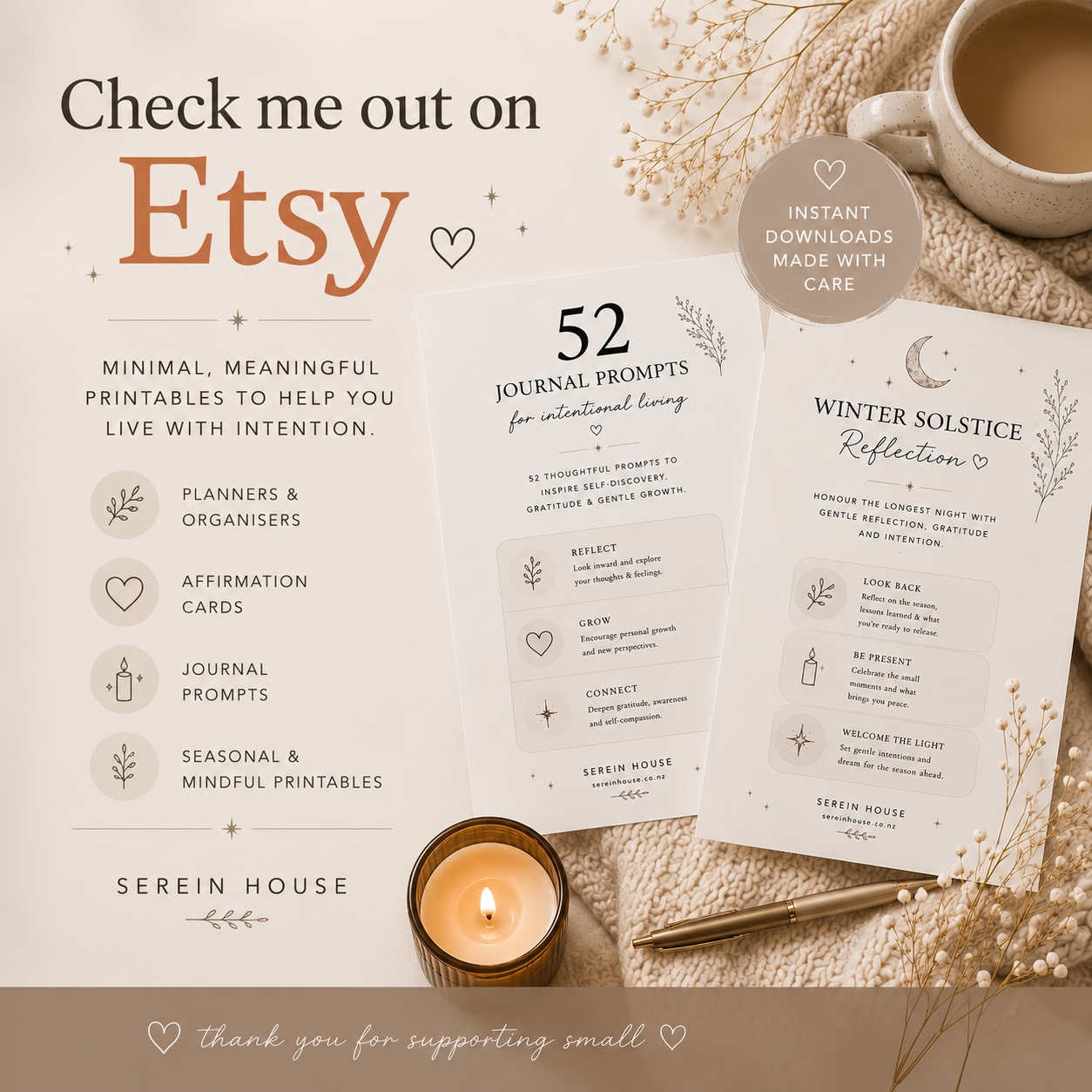 Promotional image showcasing Serein House Etsy shop with printable planners, affirmation cards, journal prompts, and seasonal printables.
