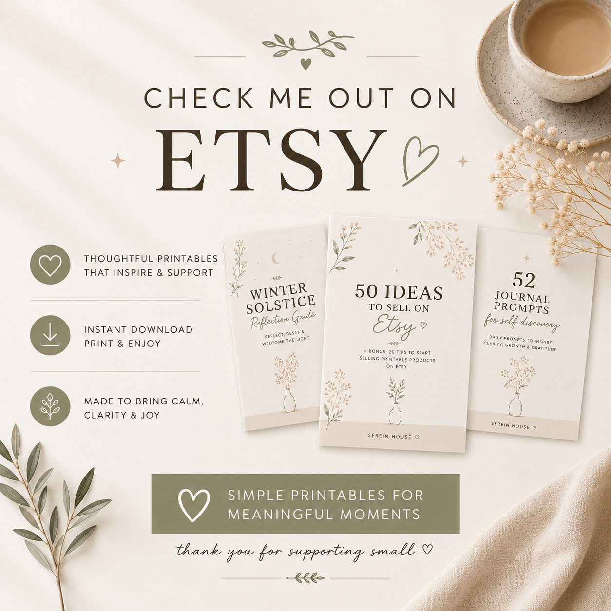 Promotional image featuring the Serein House Etsy shop and free printable guides including 50 Ideas to Sell on Etsy, Winter Solstice Reflection, and 52 Journal Prompts.
