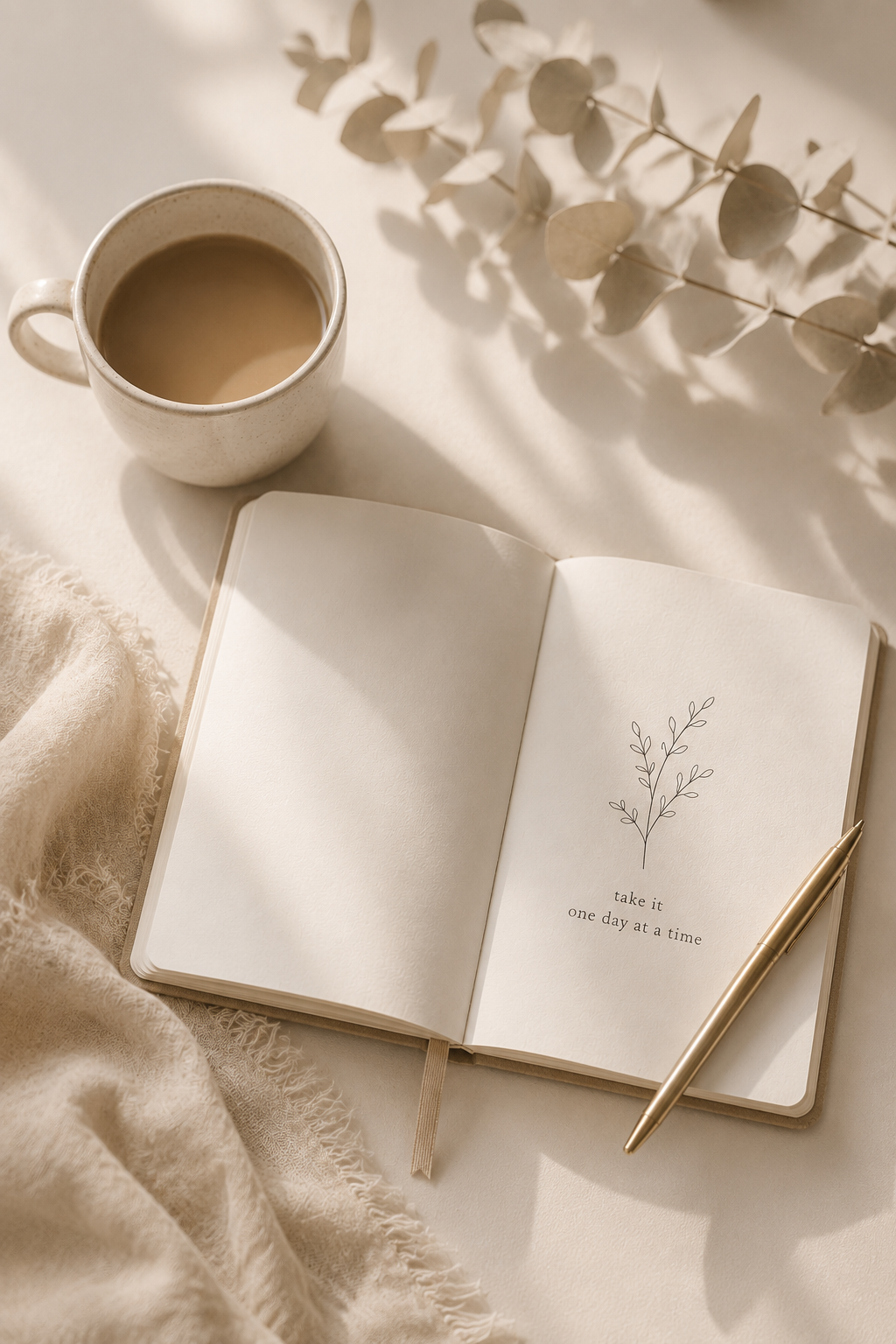 Minimalist journal, coffee cup, and eucalyptus arranged in warm natural light, creating a calm and cozy workspace for journaling and slow living.
