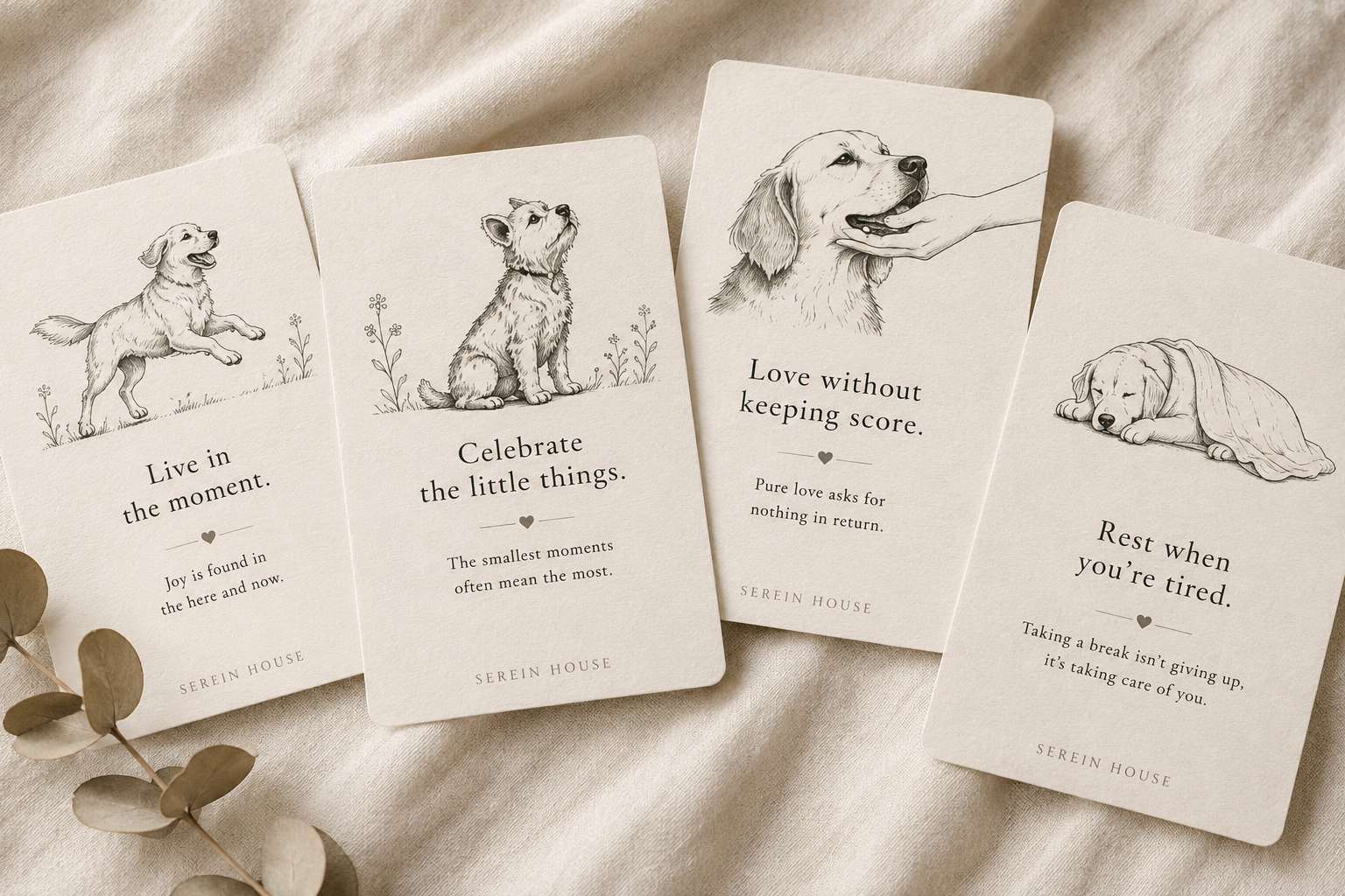 Close-up of printable dog encouragement cards showing premium paper texture, rounded corners and detailed illustrations.