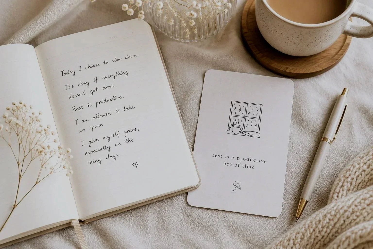 Affirmation card beside a open journal on a neutral cozy linen spread.