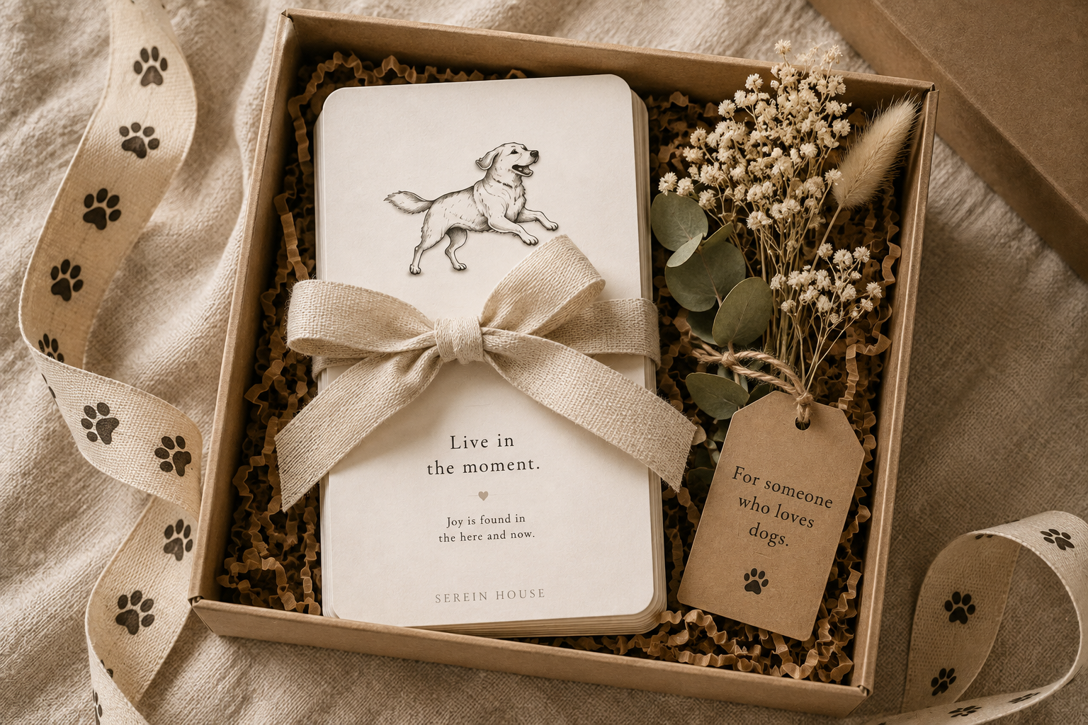 Printable dog encouragement cards presented inside a kraft gift box with linen ribbon, paw print ribbon and dried flowers.