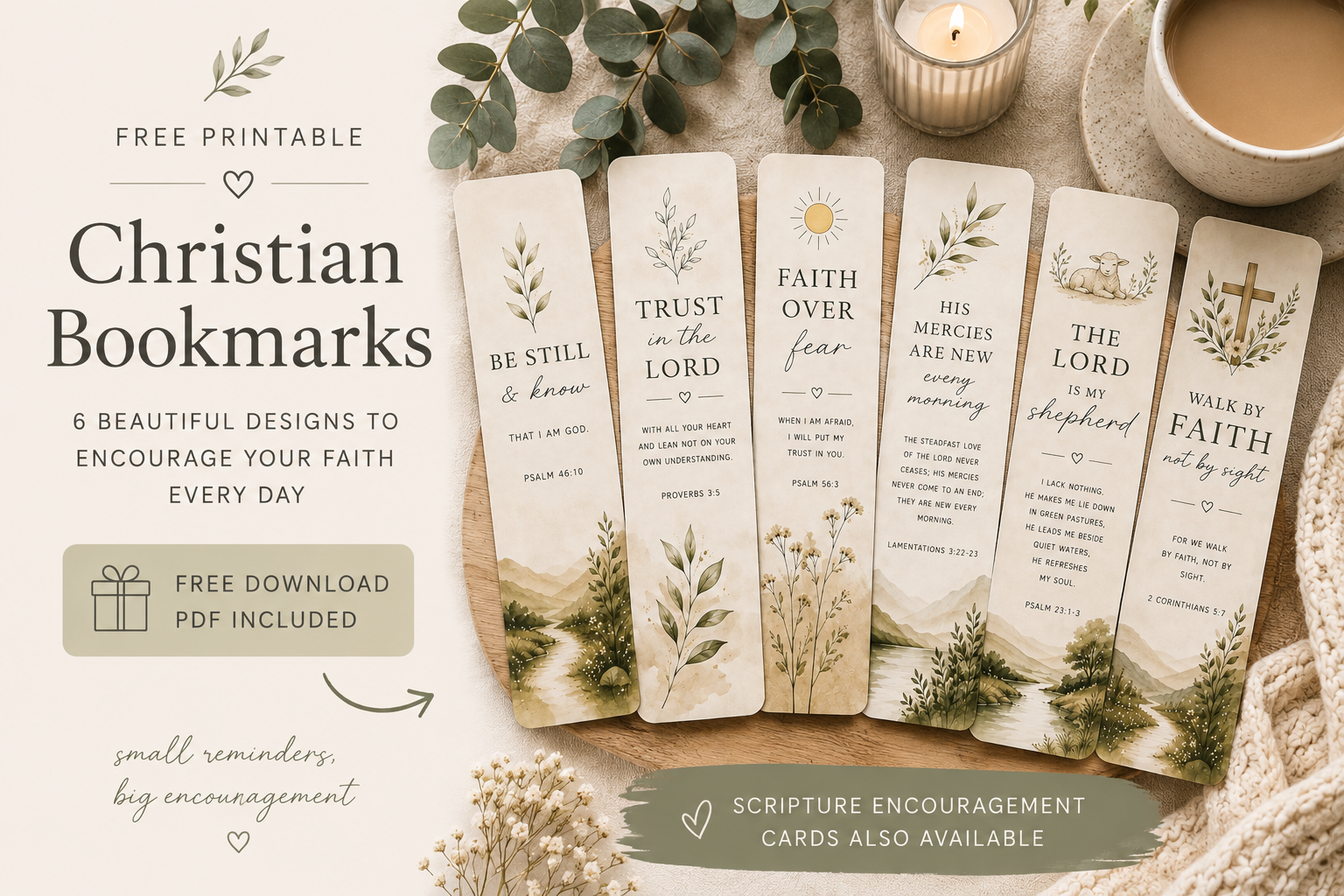 Promotional graphic featuring six printable Christian bookmarks with botanical illustrations and Bible verses, encouraging readers to download the free bookmark collection from Serein House.