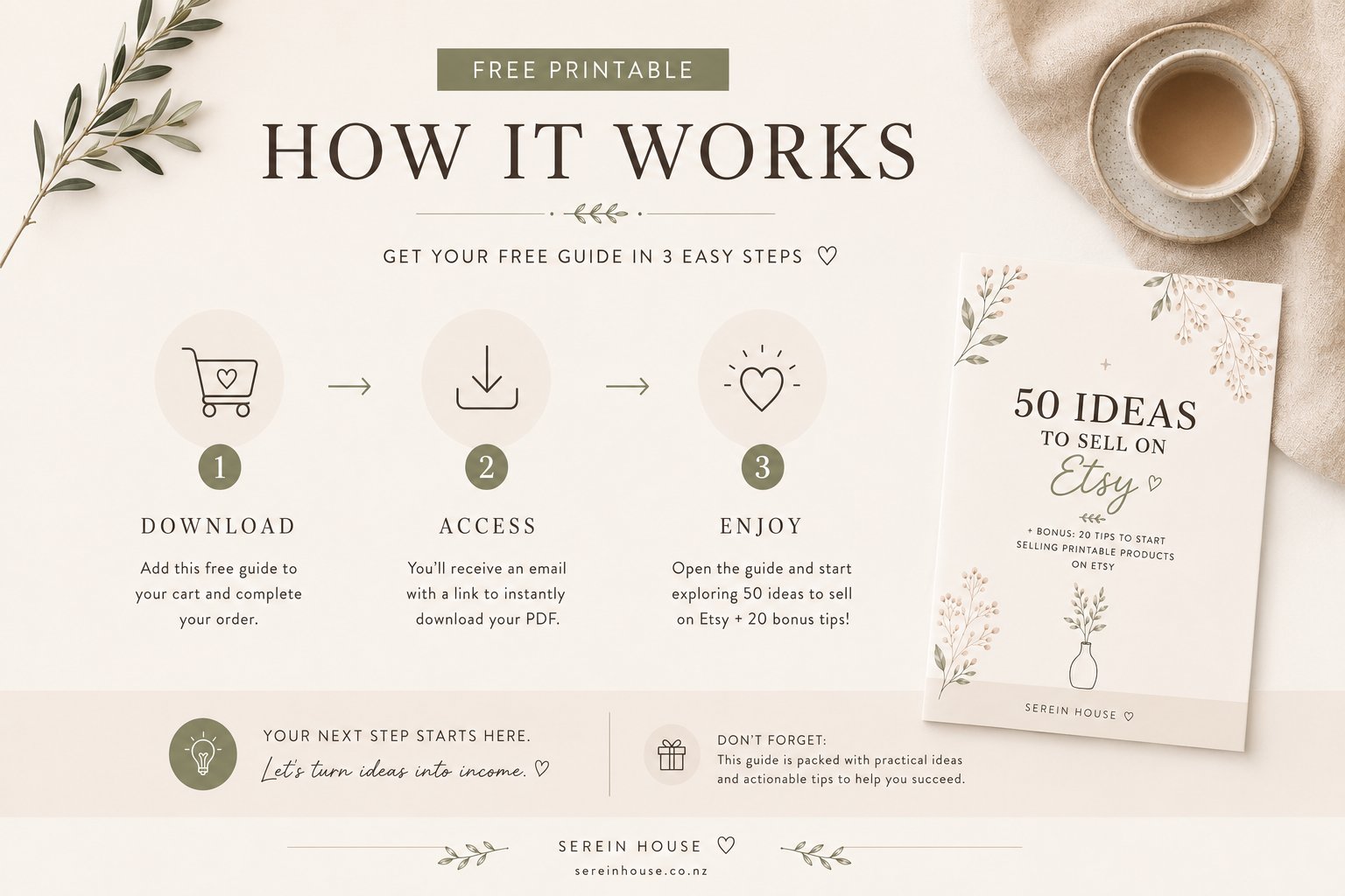Infographic explaining how to download the free 50 Ideas to Sell on Etsy printable guide from Serein House in three simple steps.