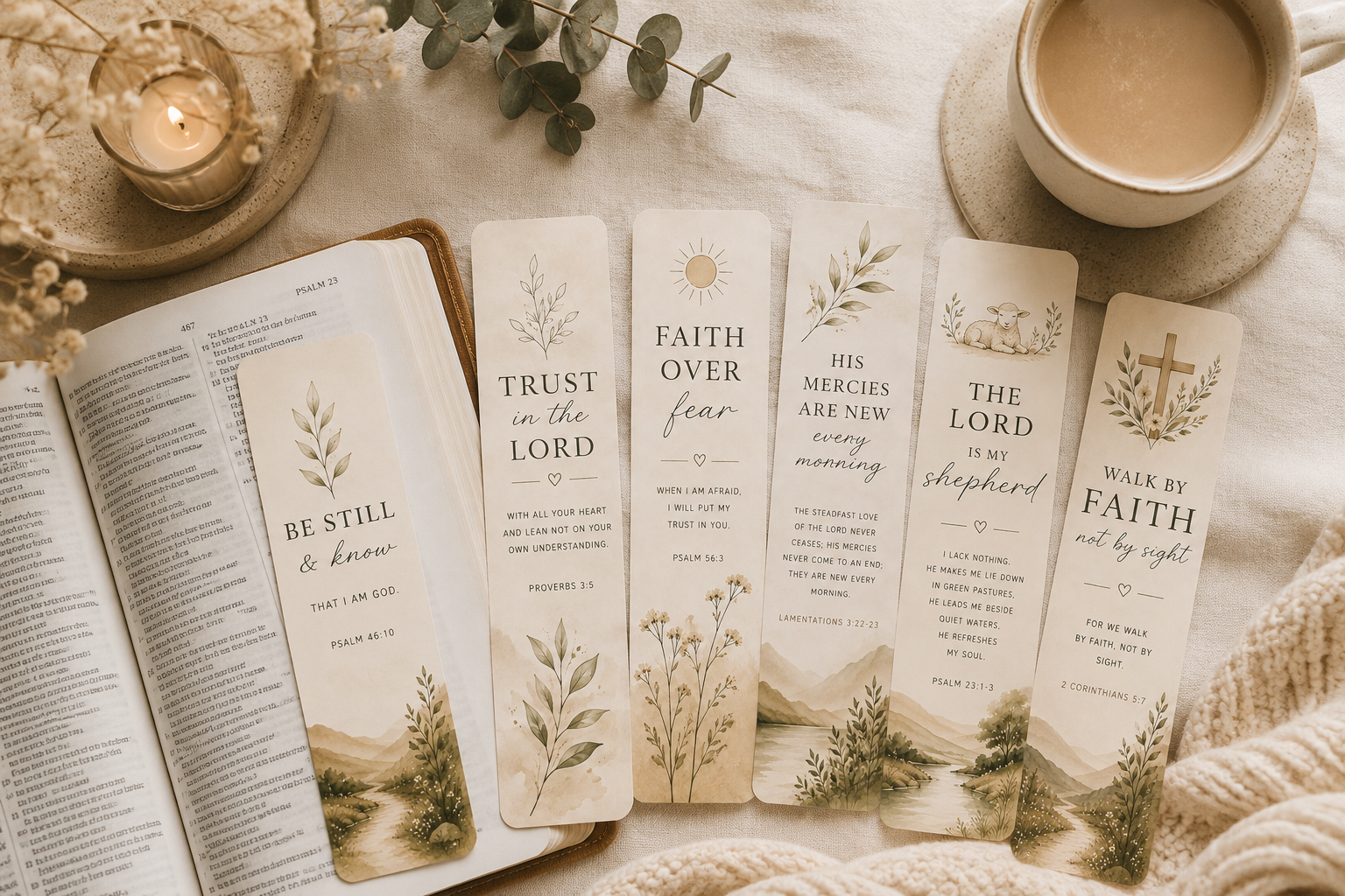Six minimalist printable Christian bookmarks displayed on an open Bible with a candle, coffee and eucalyptus, featuring Scripture verses for Bible study and quiet time.