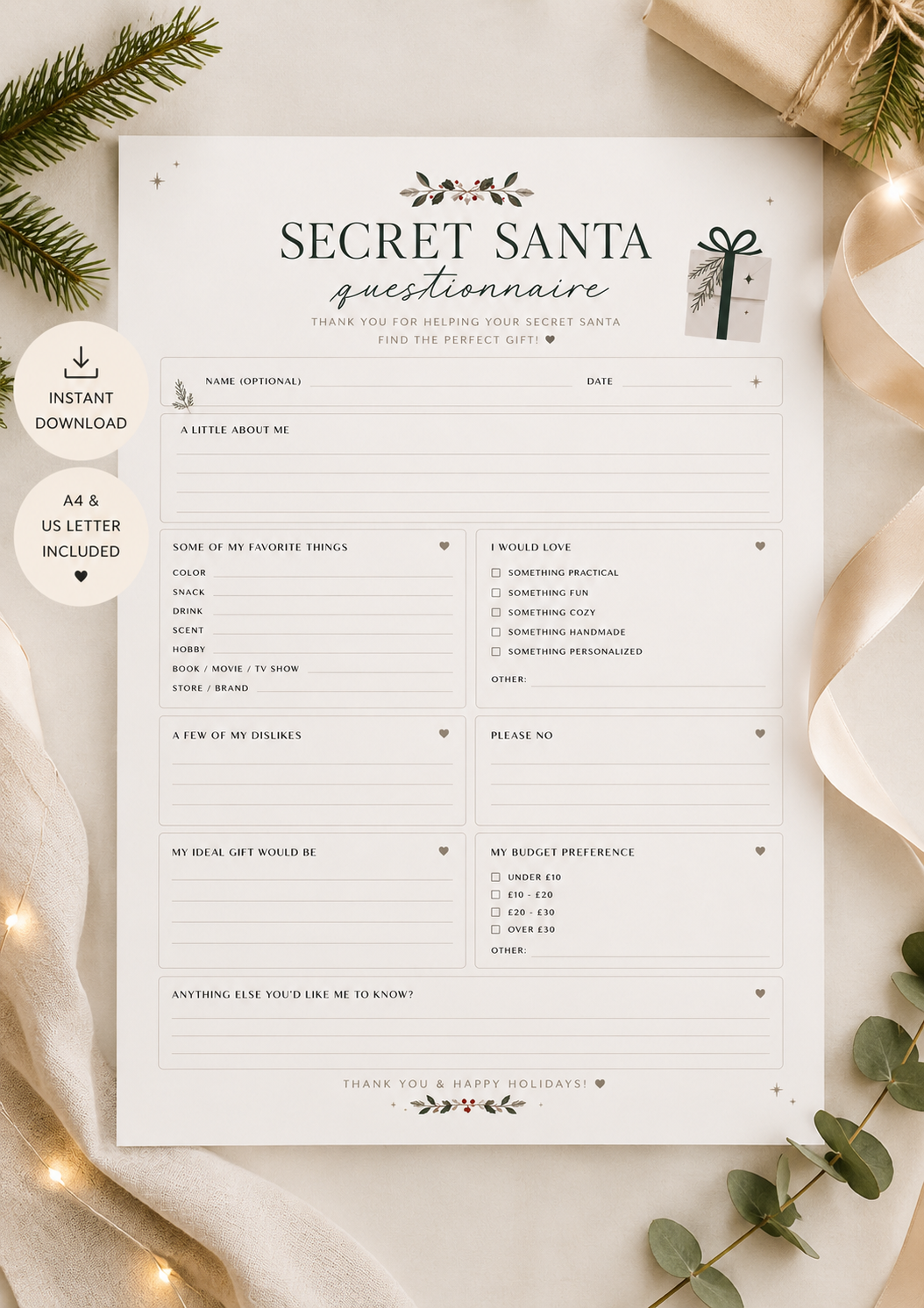 Minimal Secret Santa Questionnaire Printable