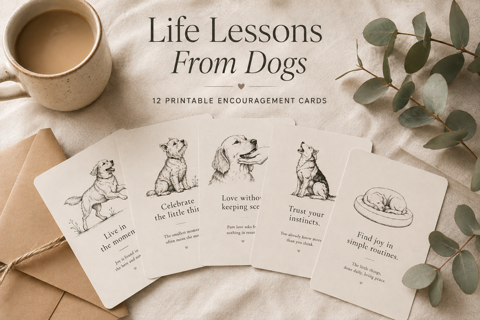 Life Lessons from Dogs Volume Two printable encouragement cards displayed on linen with coffee, eucalyptus and warm neutral styling.
