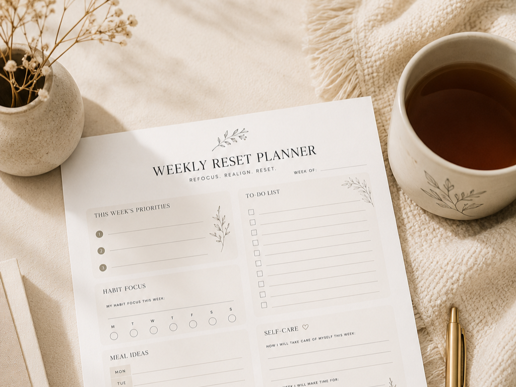 Minimalist Weekly Reset Planner on a neutral desk beside a cup of tea, brass pen, and dried botanicals, creating a calm weekly planning workspace.