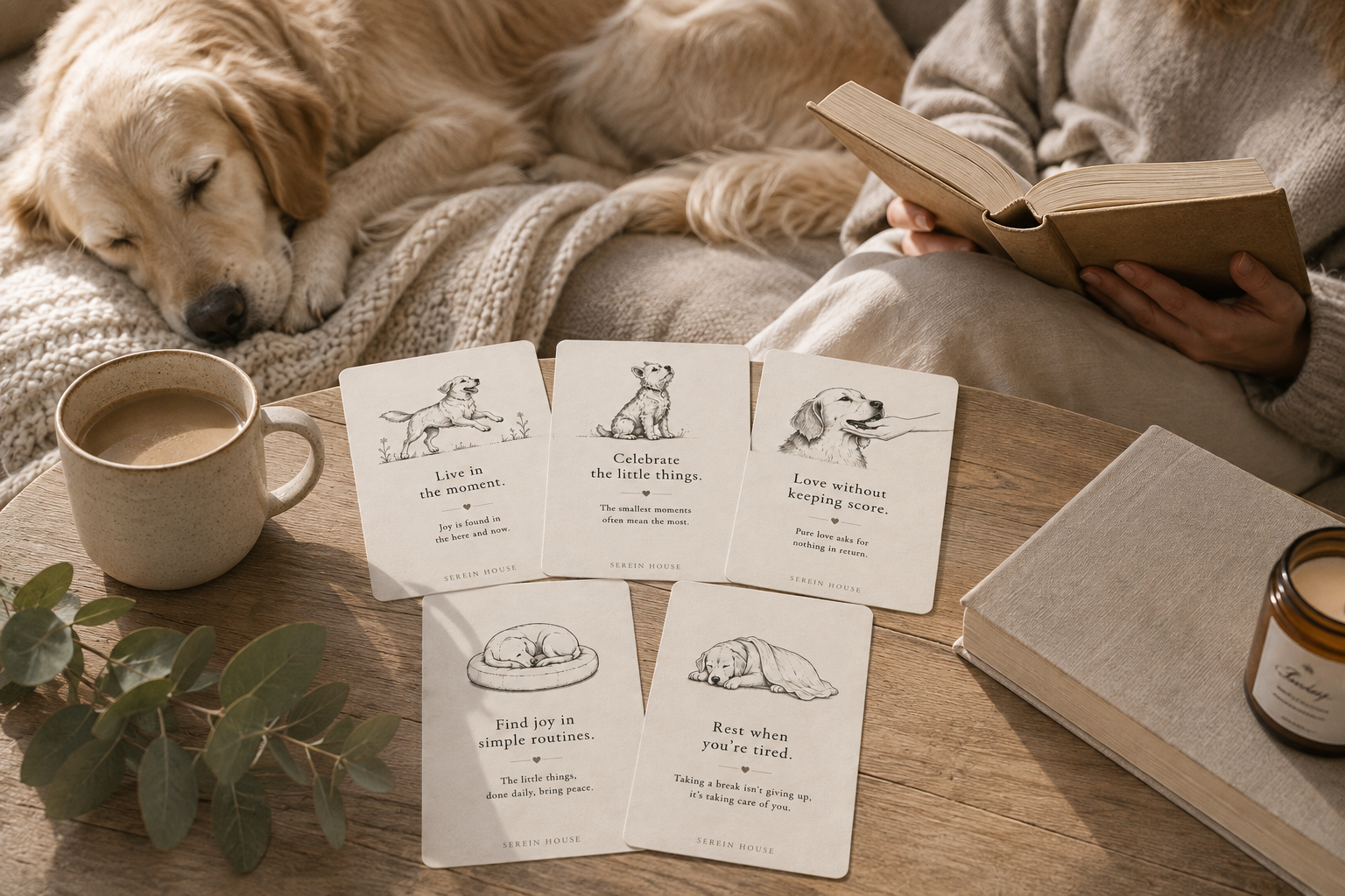 Printable encouragement cards displayed beside coffee, an open book and a sleeping dog in a cosy home.