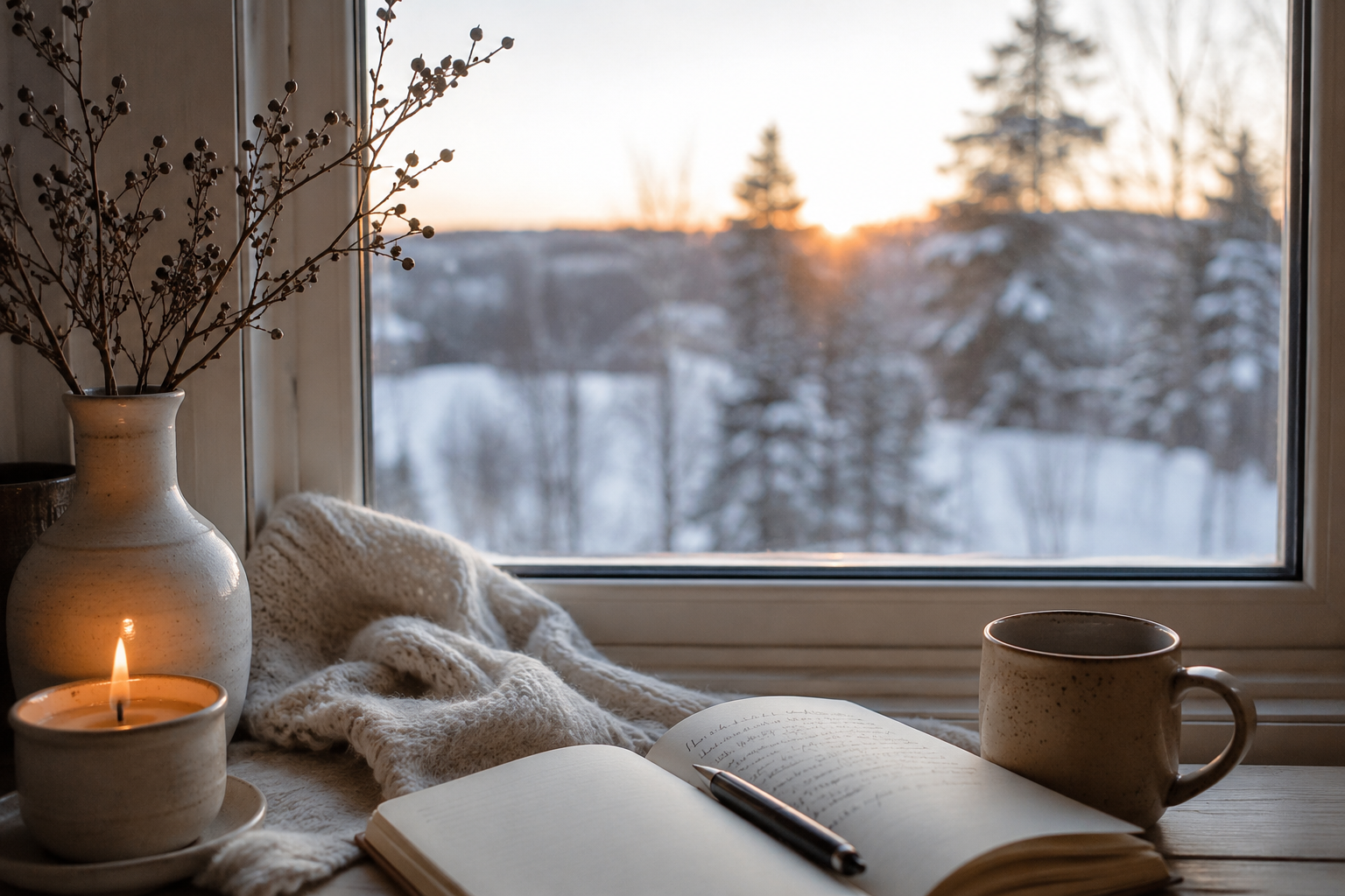 Cozy winter scene with a glowing candle, open journal, warm mug, and snowy landscape, capturing the peaceful atmosphere of the winter solstice.