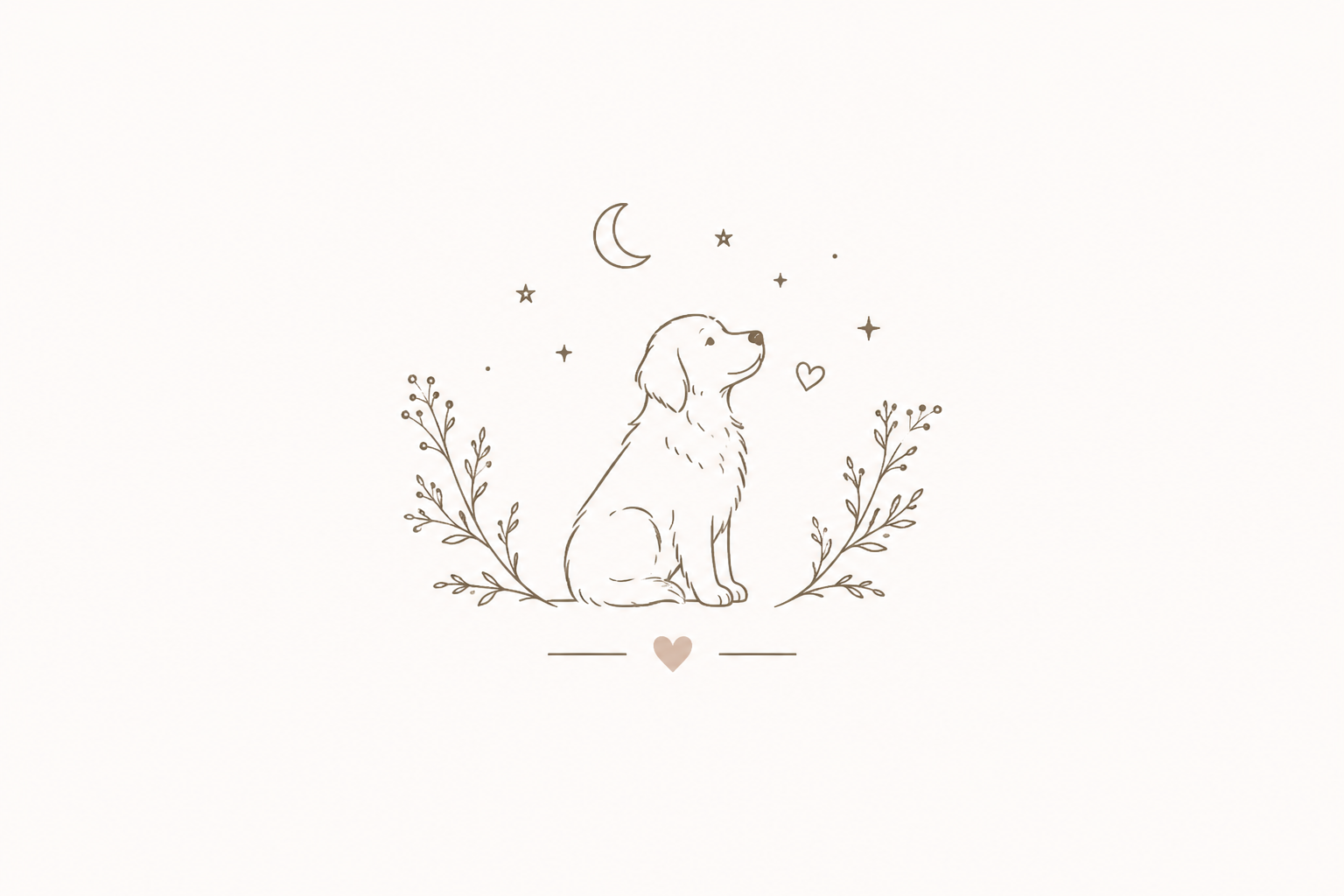 Minimalist pet illustration with celestial moon and botanical accents representing personalised pet portraits by Serein House.