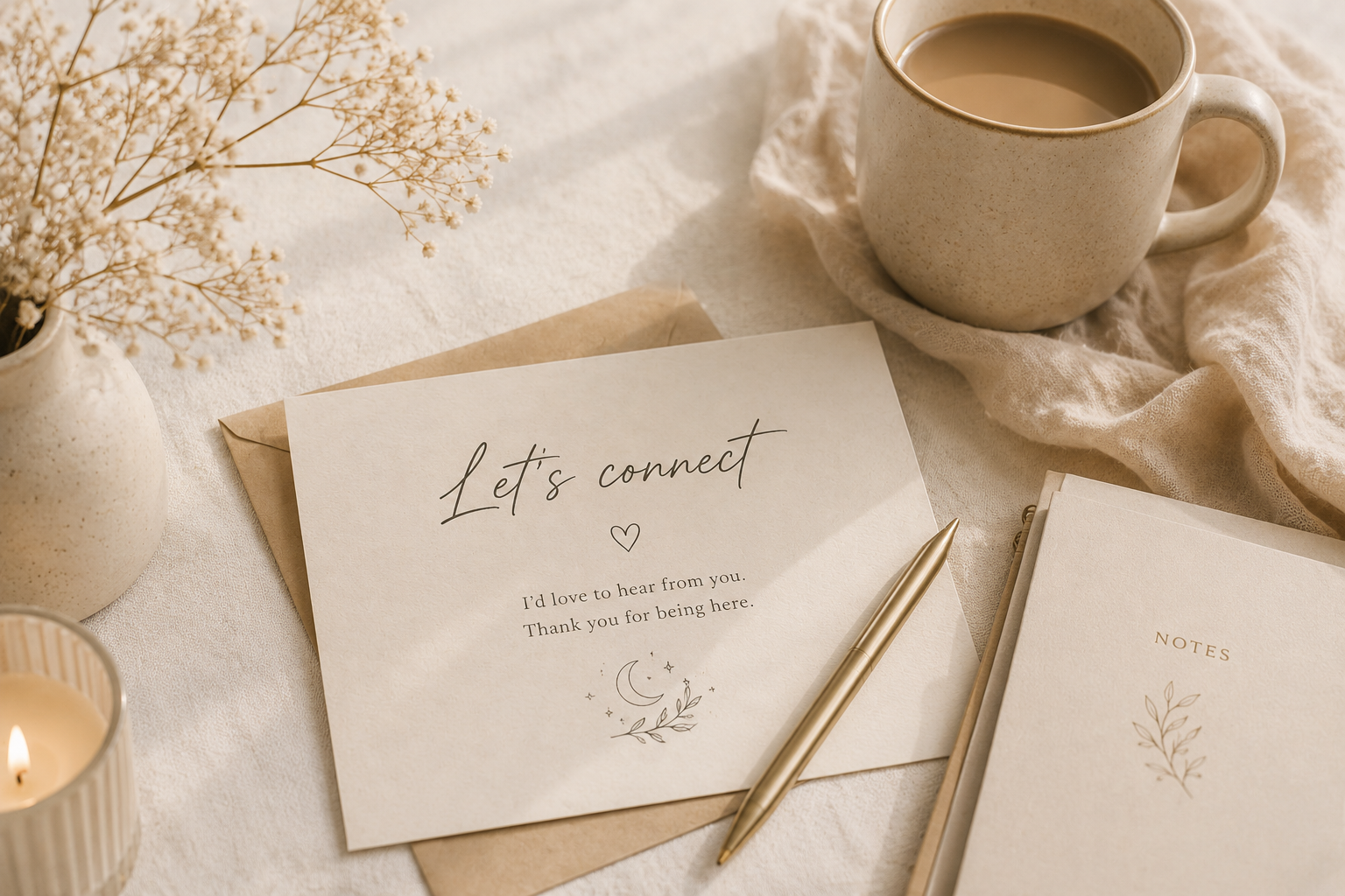 A table with a beige cup of coffee on a cloth, a notecard with 'Let's connect' and a heart, a gold pen, a notebook labeled 'Notes,' a candle, and a vase with dried flowers.