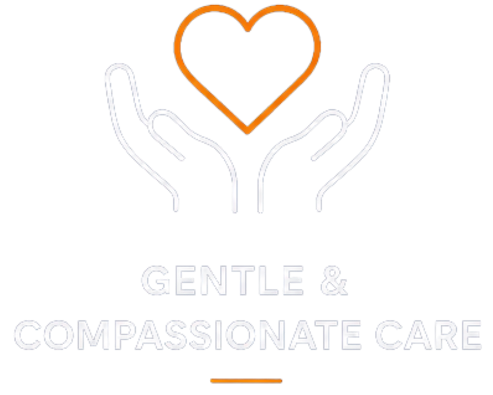 Two hands holding a red heart symbol with an orange outline. Beneath, the words 'GENTLE & COMPASSIONATE CARE' are displayed in white text with a rainbow gradient.