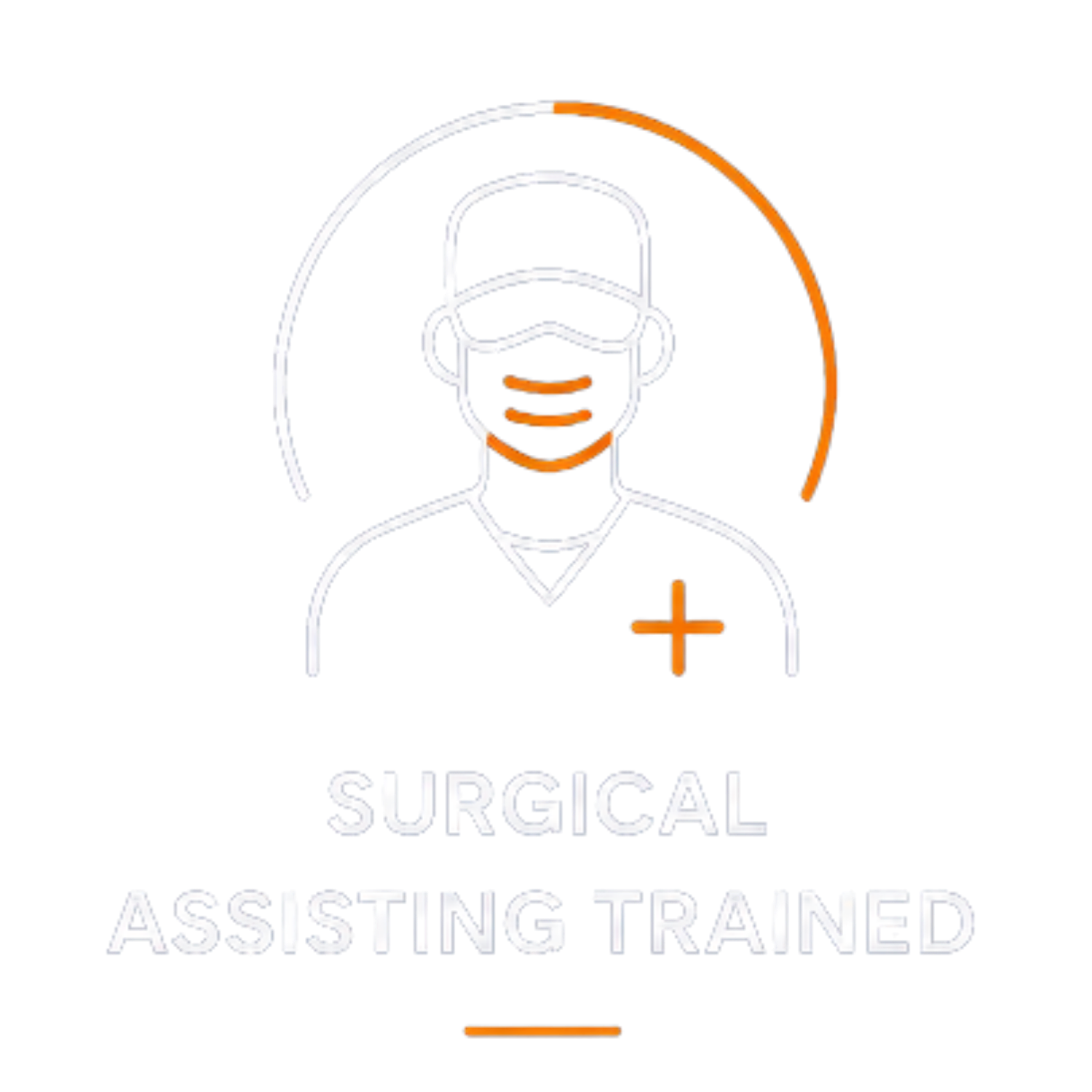 Logo for Surgical Assisting Trained with a stylized outline of a person wearing a surgical mask and cap, with an orange cross on the chest, and text underneath that reads 'SURGICAL ASSISTING TRAINED'.