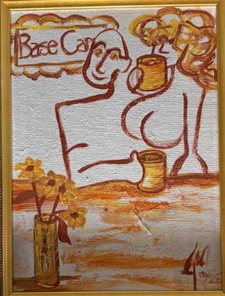 A simple line drawing of a man and woman sitting at a table with drinks. The woman has a drink in her hand, and the man has a drink in front of him. There is a vase with flowers on the table and a speech bubble with the text 'Base Camp' above the man's head.