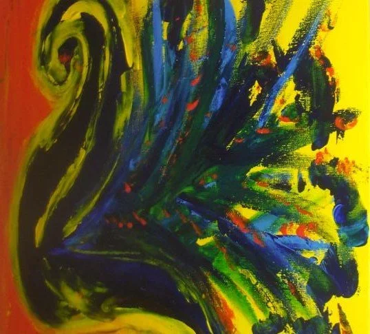 Abstract painting with bold yellow, green, blue, and red brushstrokes on a yellow background.