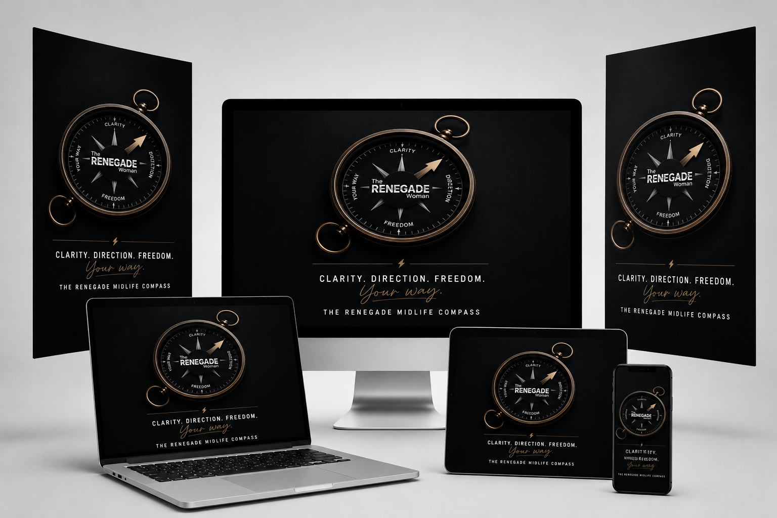 Display of multiple electronic devices showcasing a pocket compass with the text "The Renegade Woman" and the tagline "Clarity. Direction. Freedom. Your way." against a black background.