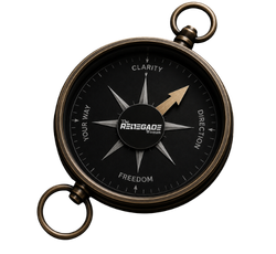 A black compass with a circular shape, marked with words like 'Clarity', 'Direction', 'Freedom', and 'Your Way'. It has a black arrow pointing northeast and a central logo reading 'The RENEGADE' Woman'.