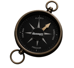 A black compass with a silver ring, showing directions and labeled with words like 'Freedom' and 'Clarity'.