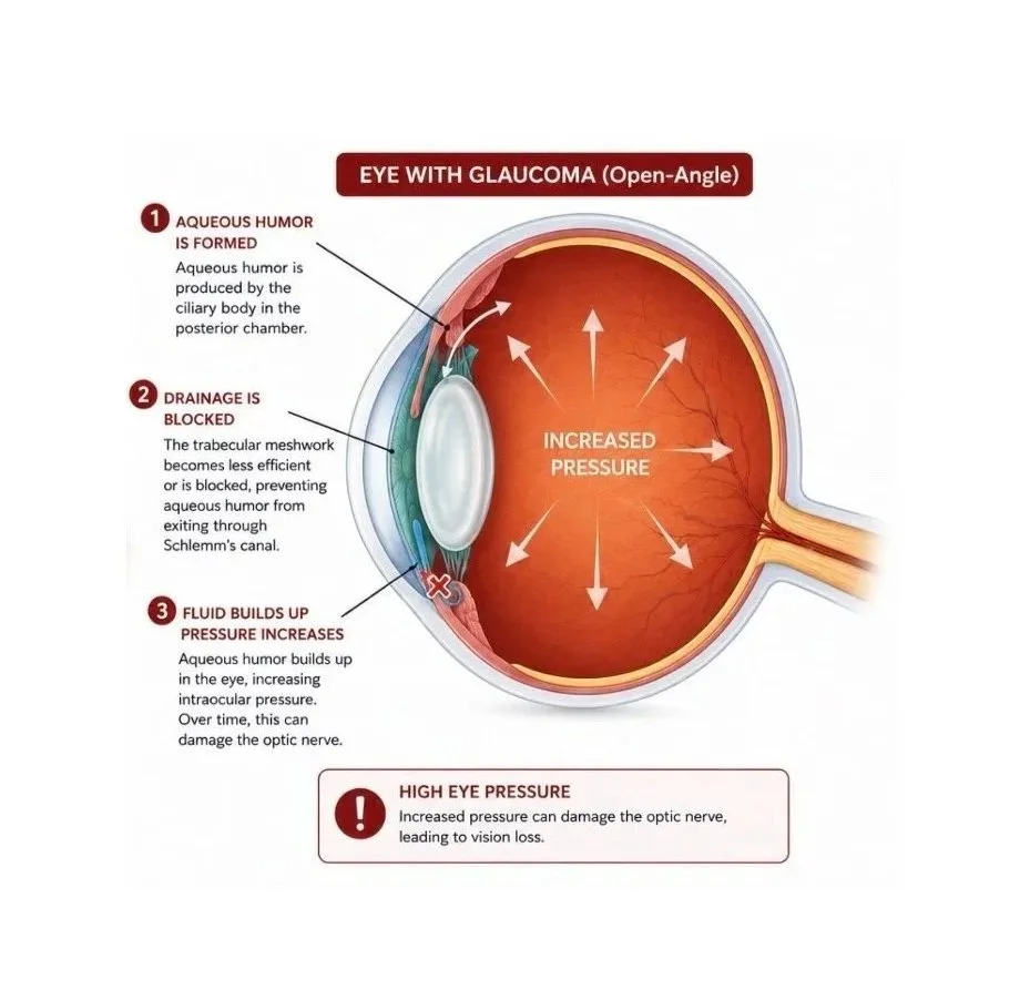 Diagram showing eye with glaucoma, including labels for aqueous humor formation, blocked drainage, and fluid buildup causing increased intraocular pressure, which can damage the optic nerve.